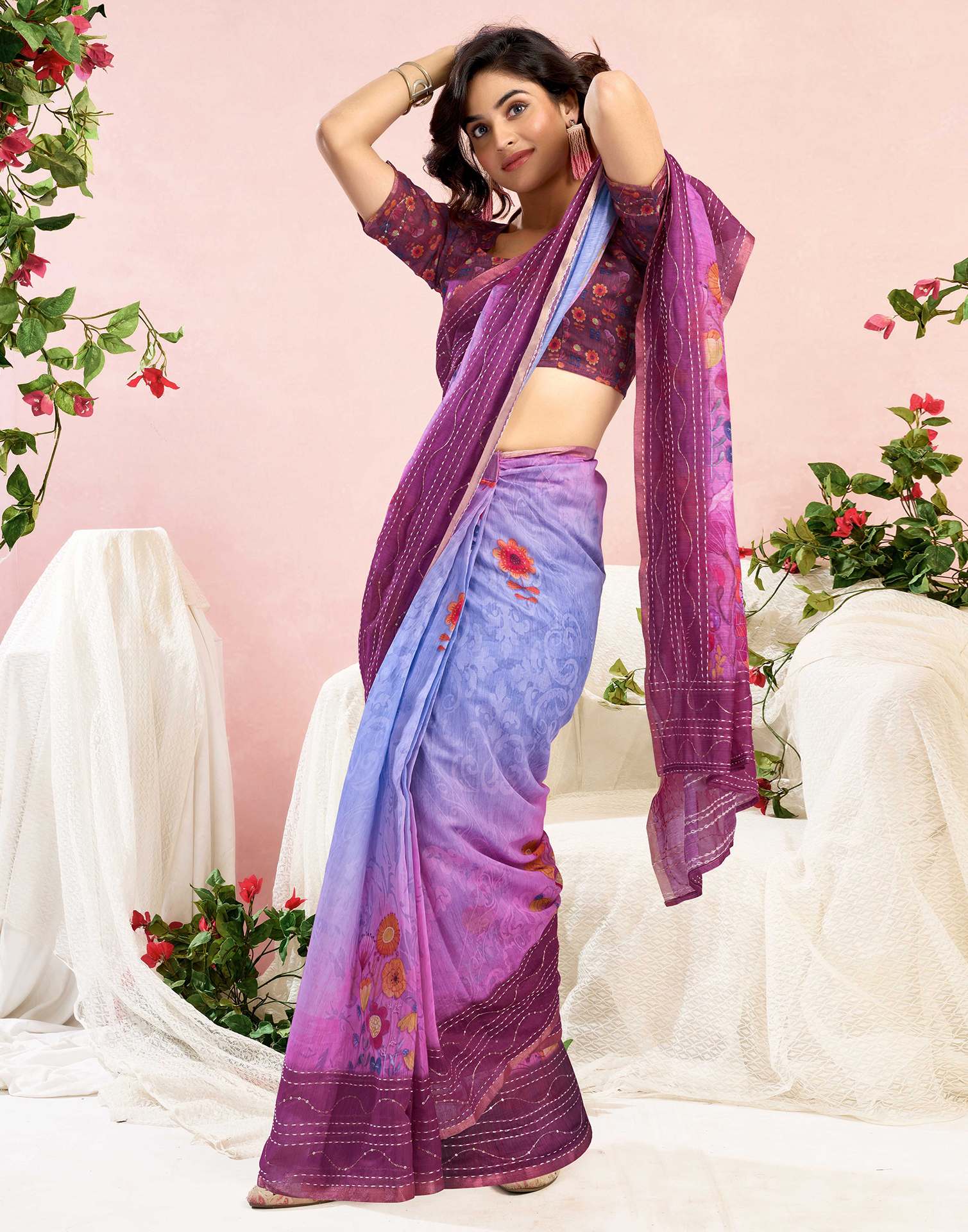 Ready To Wear Magenta Chanderi Embroidery Floral Printed Saree