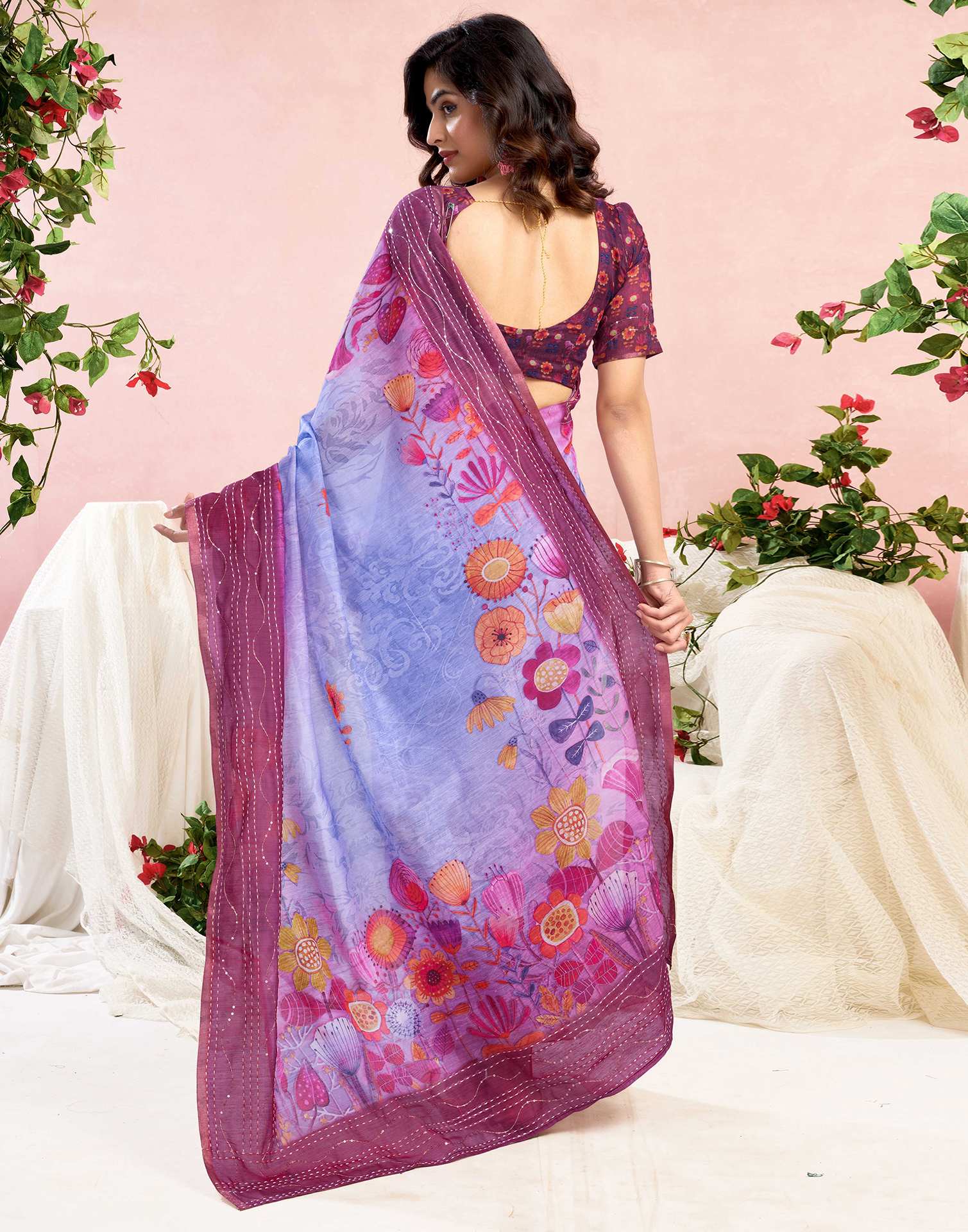 Ready To Wear Magenta Chanderi Embroidery Floral Printed Saree