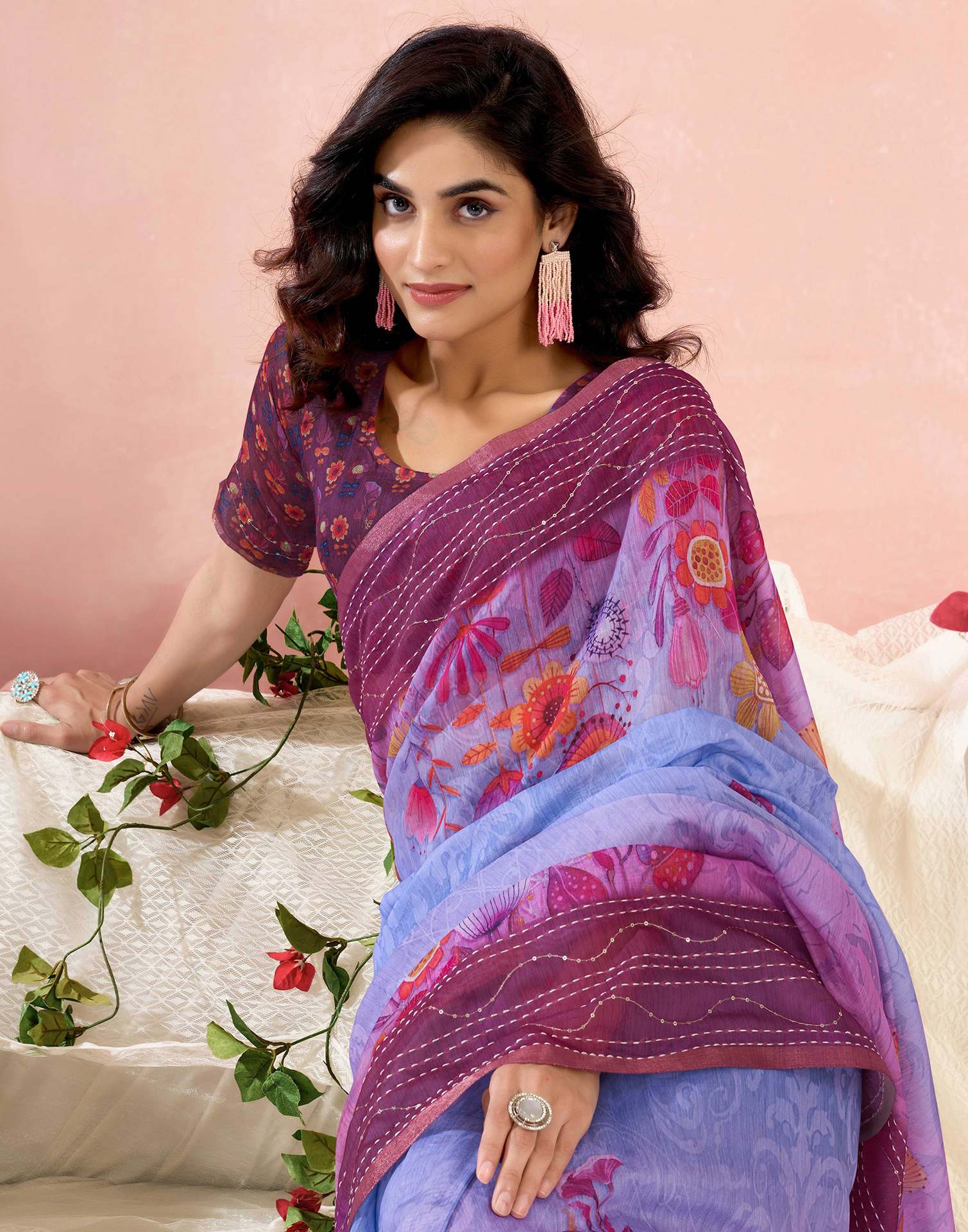 Ready To Wear Magenta Chanderi Embroidery Floral Printed Saree