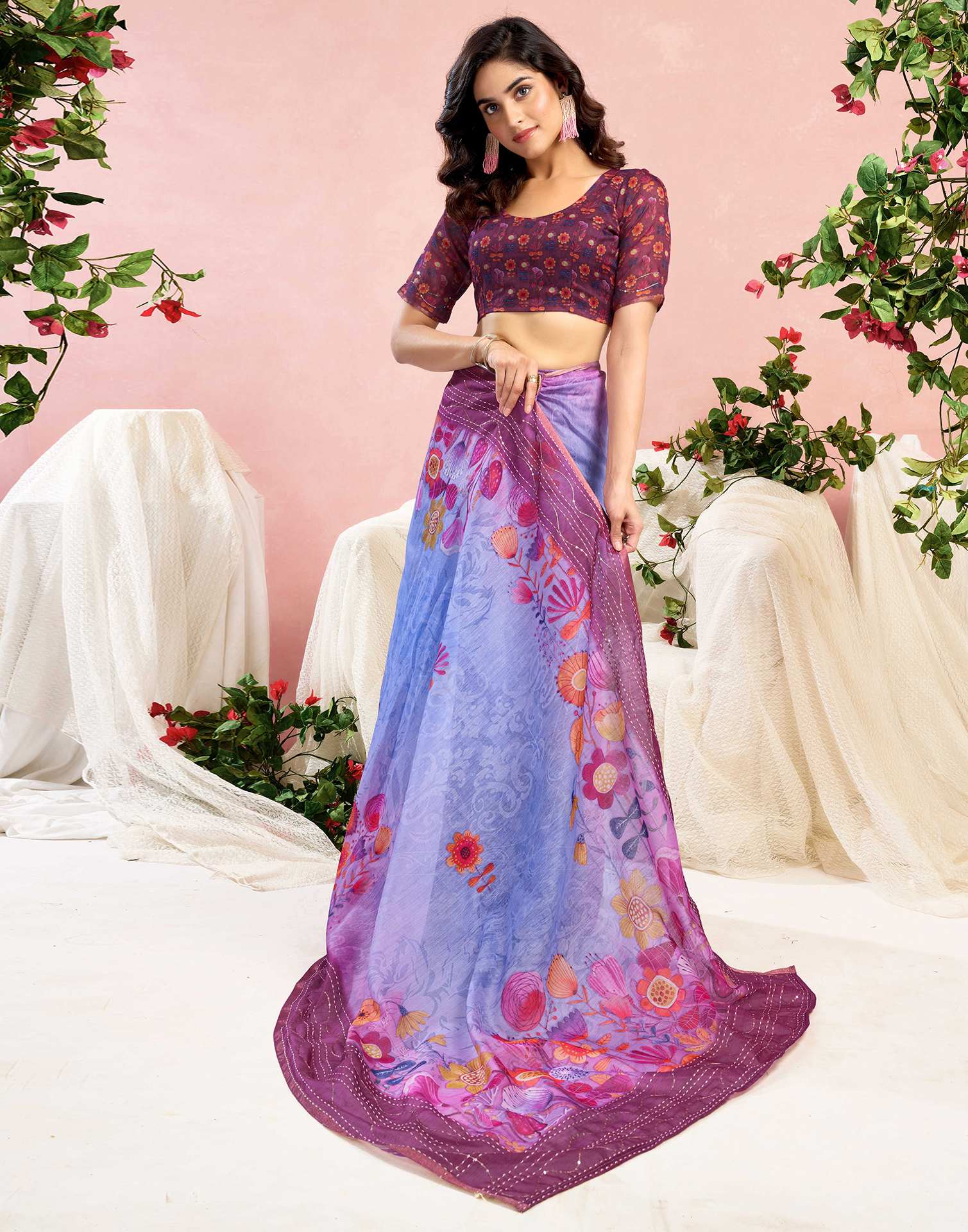 Ready To Wear Magenta Chanderi Embroidery Floral Printed Saree