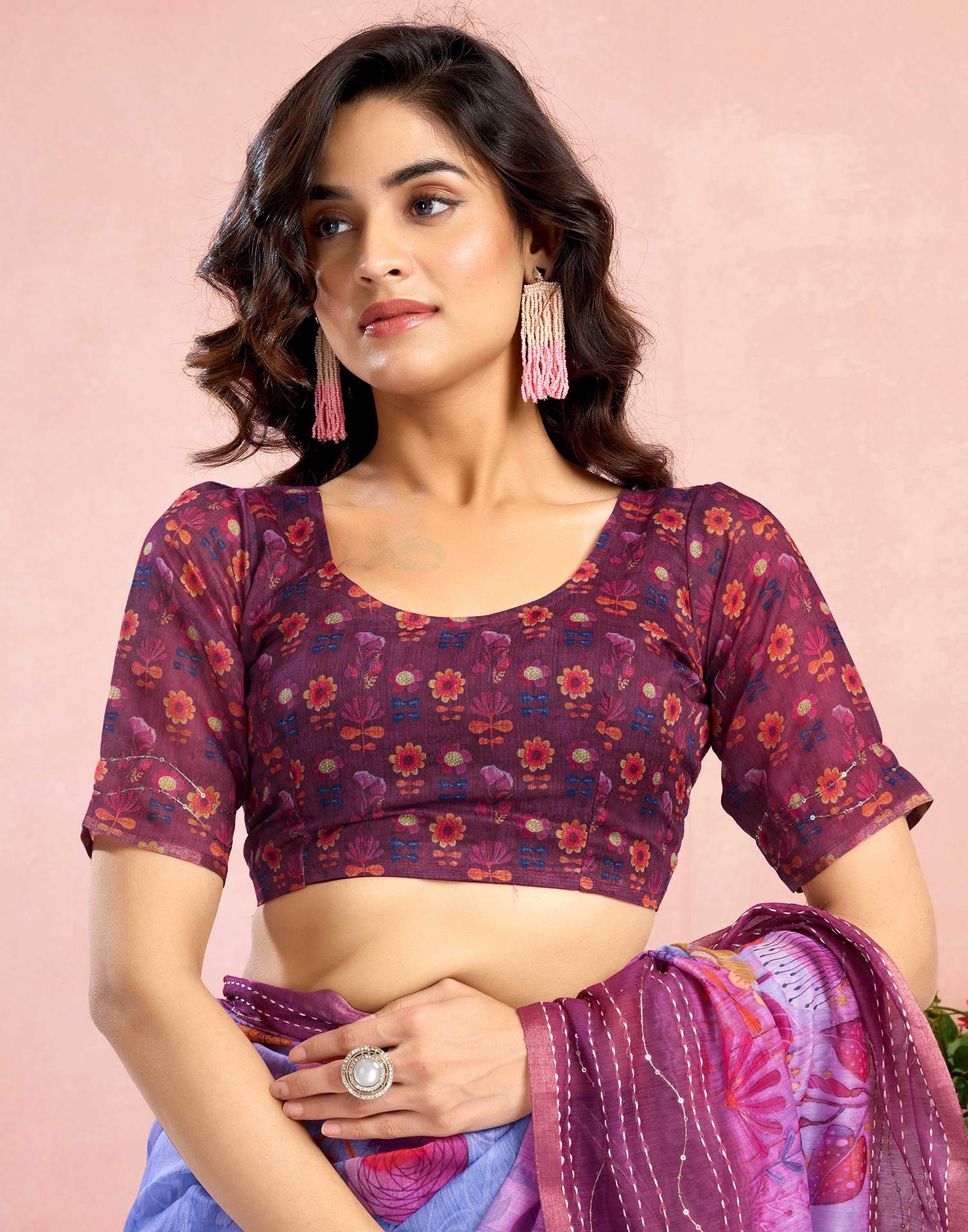 Ready To Wear Magenta Chanderi Embroidery Floral Printed Saree