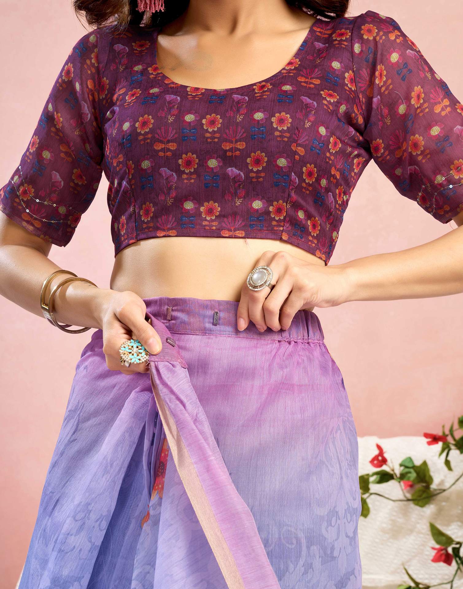 Ready To Wear Magenta Chanderi Embroidery Floral Printed Saree
