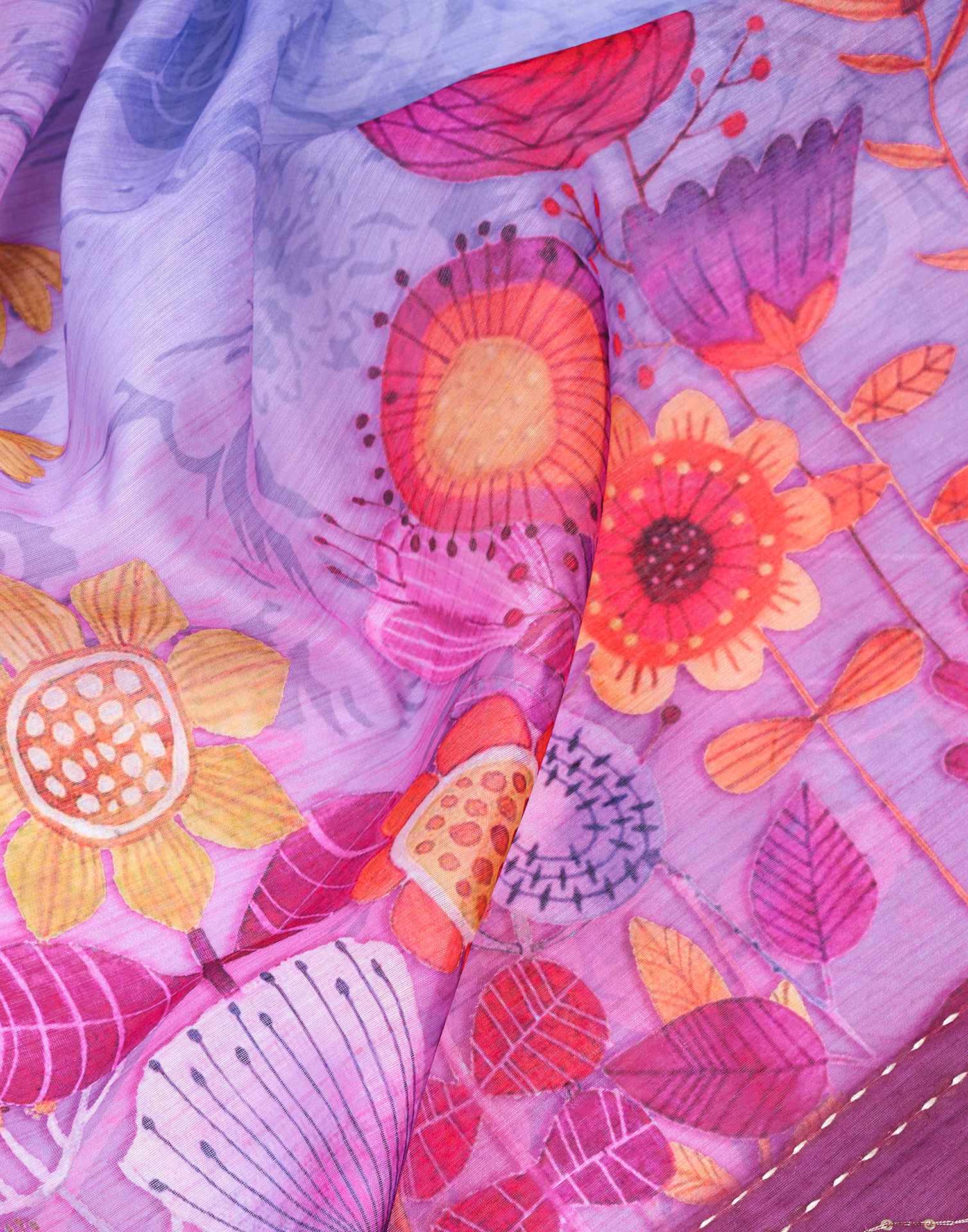 Ready To Wear Magenta Chanderi Embroidery Floral Printed Saree