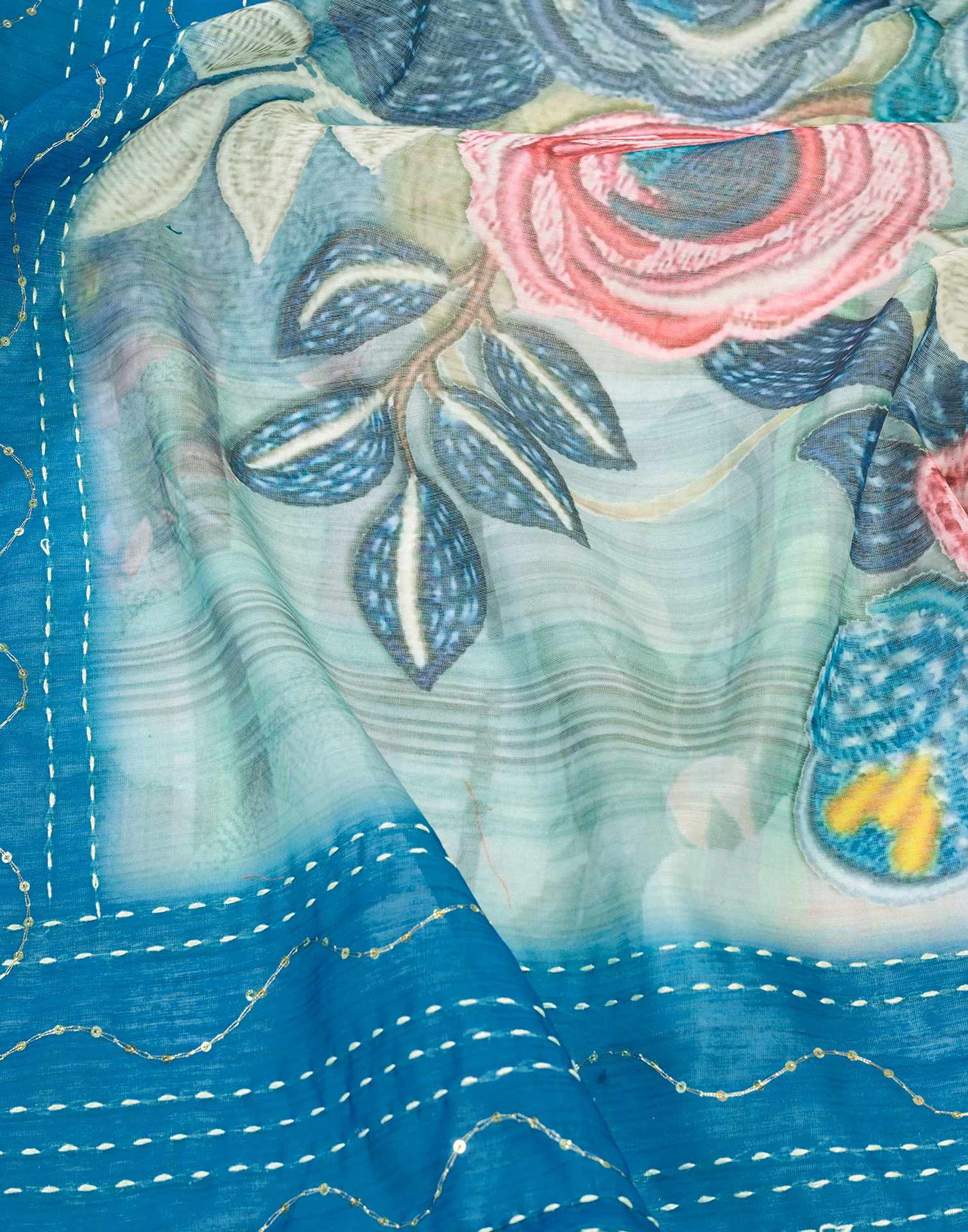 Ready To Wear Blue Chanderi Embroidery Floral Printed Saree
