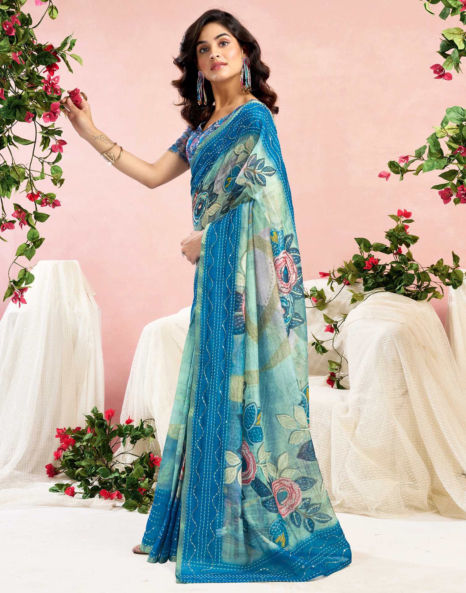 Ready To Wear Blue Chanderi Embroidery Floral Printed Saree