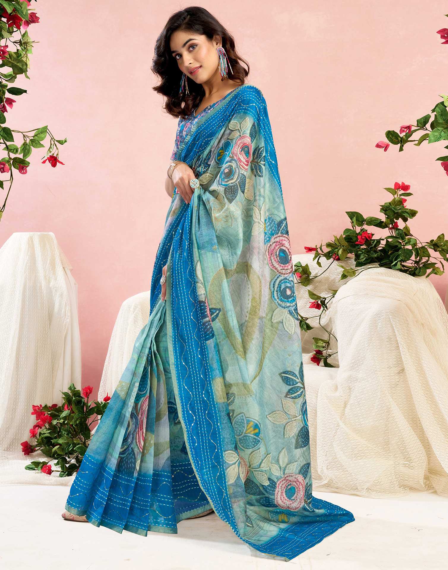 Ready To Wear Blue Chanderi Embroidery Floral Printed Saree