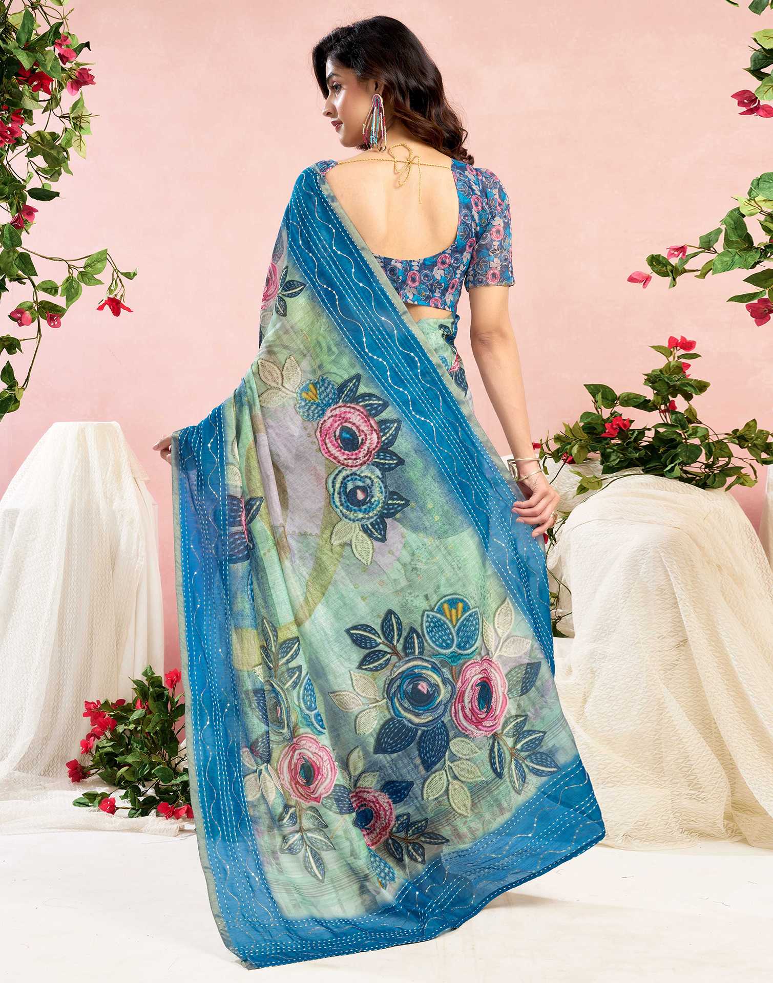 Ready To Wear Blue Chanderi Embroidery Floral Printed Saree