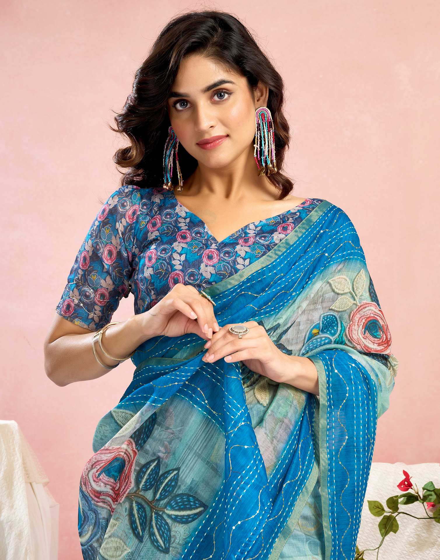 Ready To Wear Blue Chanderi Embroidery Floral Printed Saree