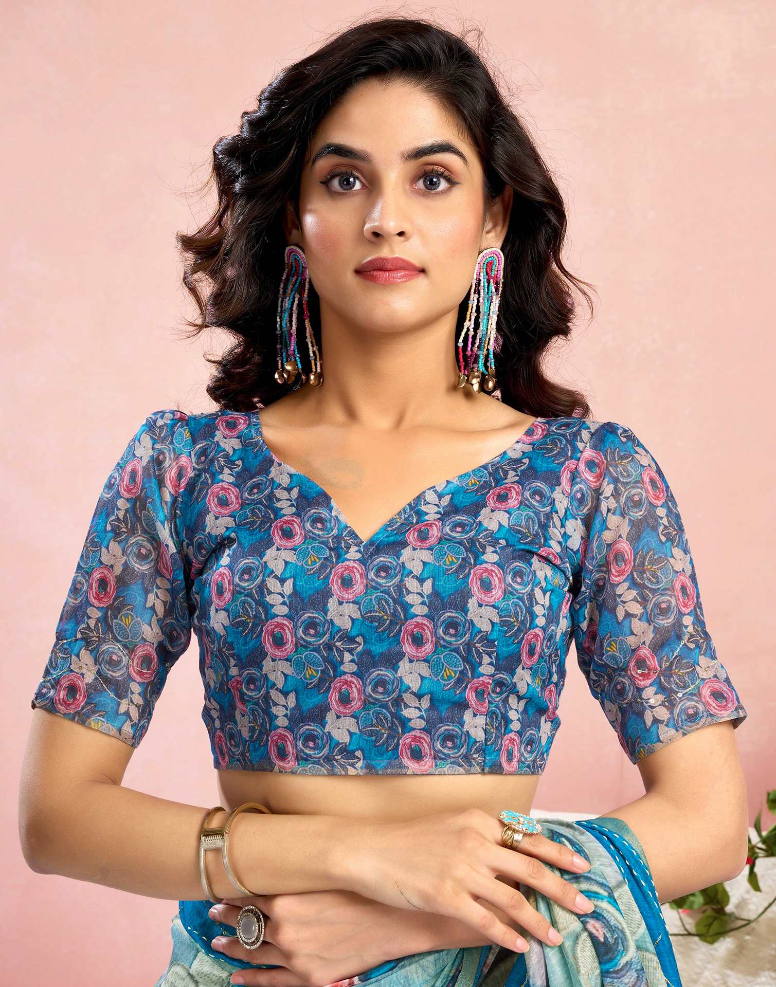 Ready To Wear Blue Chanderi Embroidery Floral Printed Saree