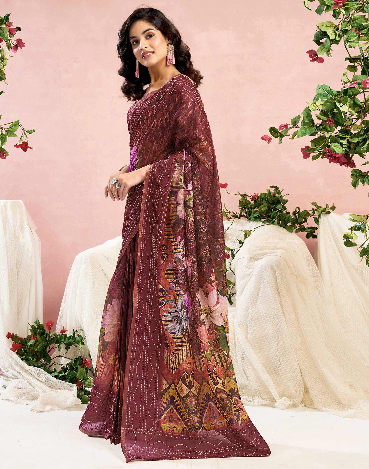 Ready To Wear Maroon Chanderi Embroidery Floral Printed Saree