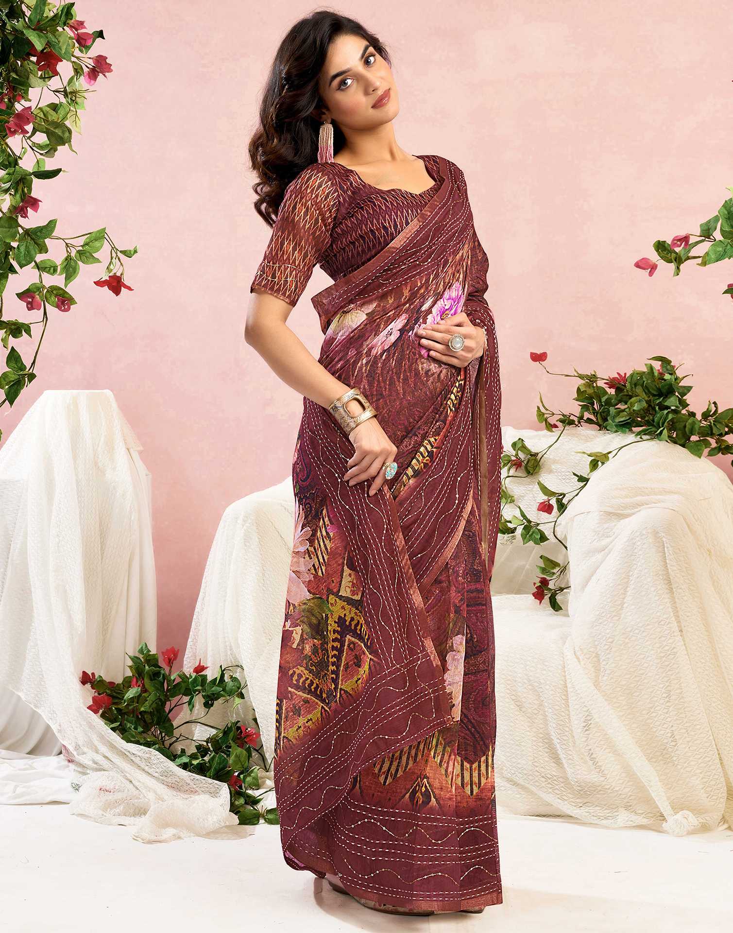 Ready To Wear Maroon Chanderi Embroidery Floral Printed Saree