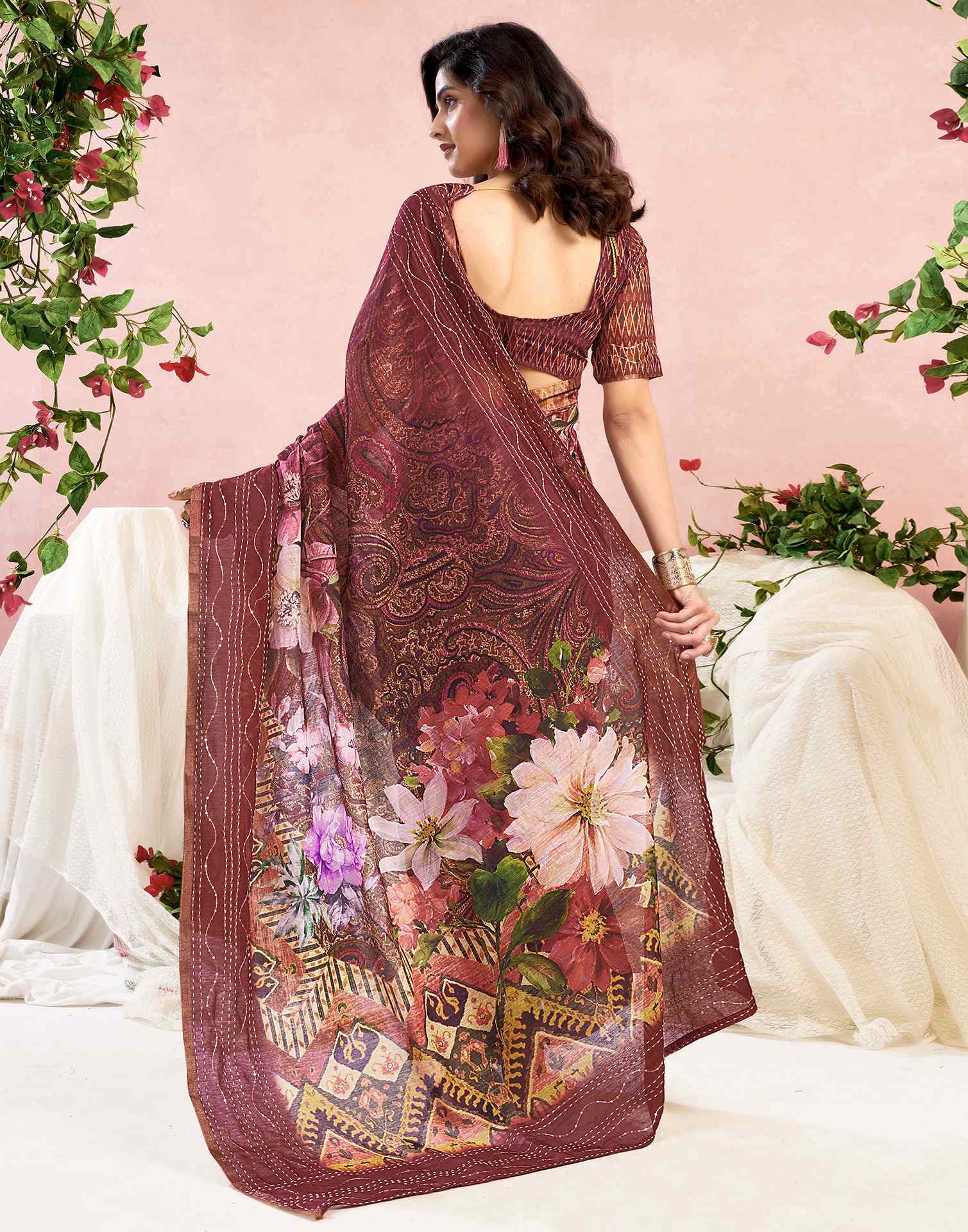 Ready To Wear Maroon Chanderi Embroidery Floral Printed Saree