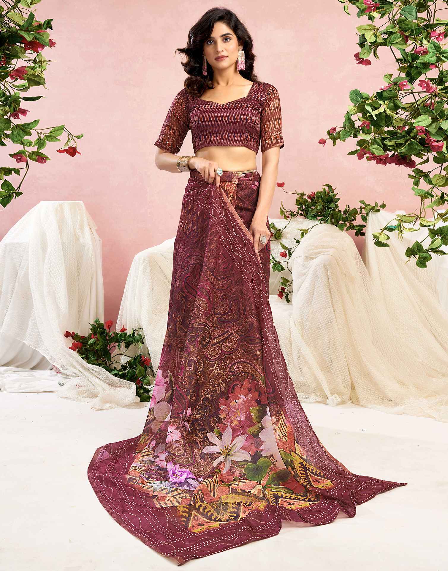 Ready To Wear Maroon Chanderi Embroidery Floral Printed Saree