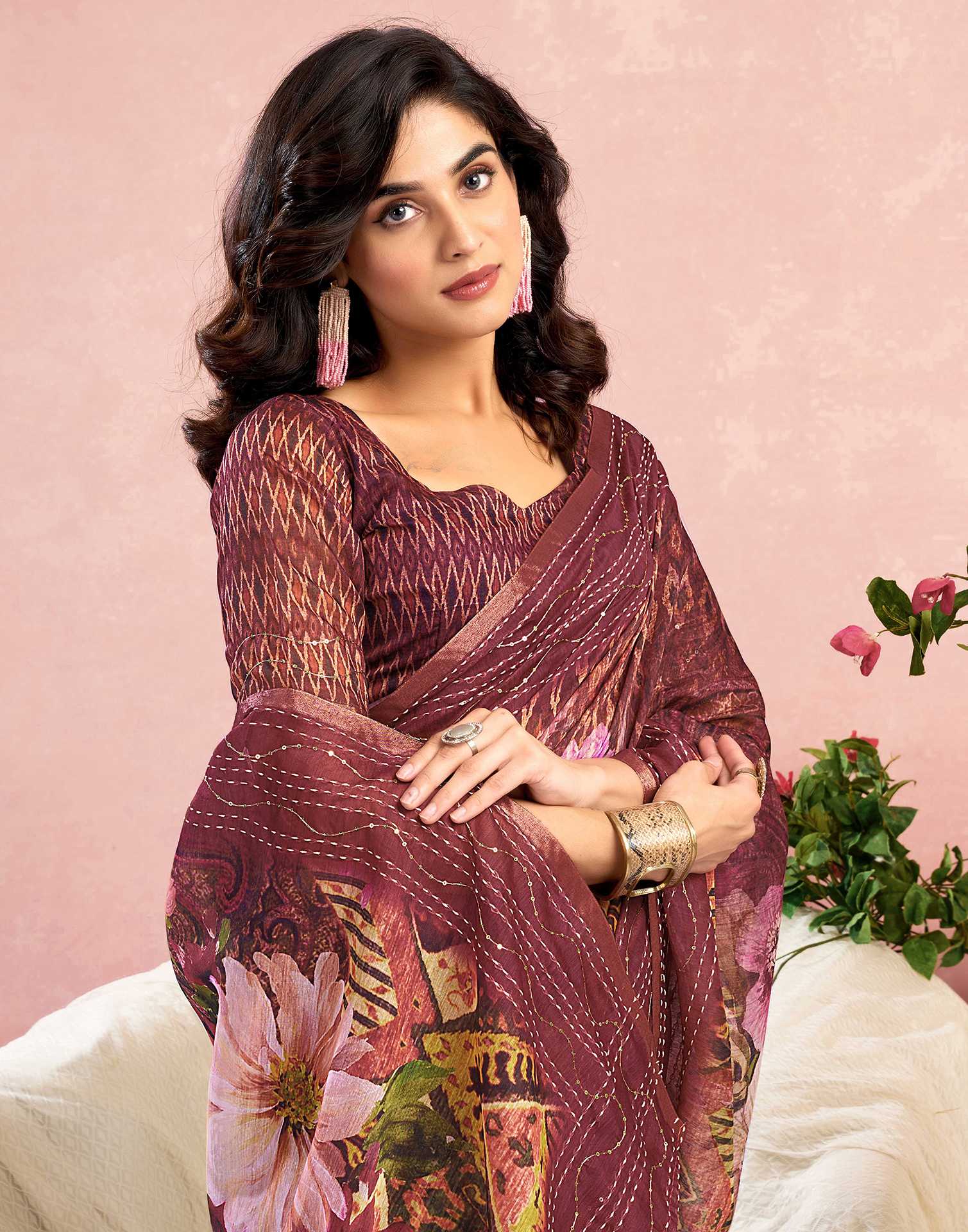 Ready To Wear Maroon Chanderi Embroidery Floral Printed Saree