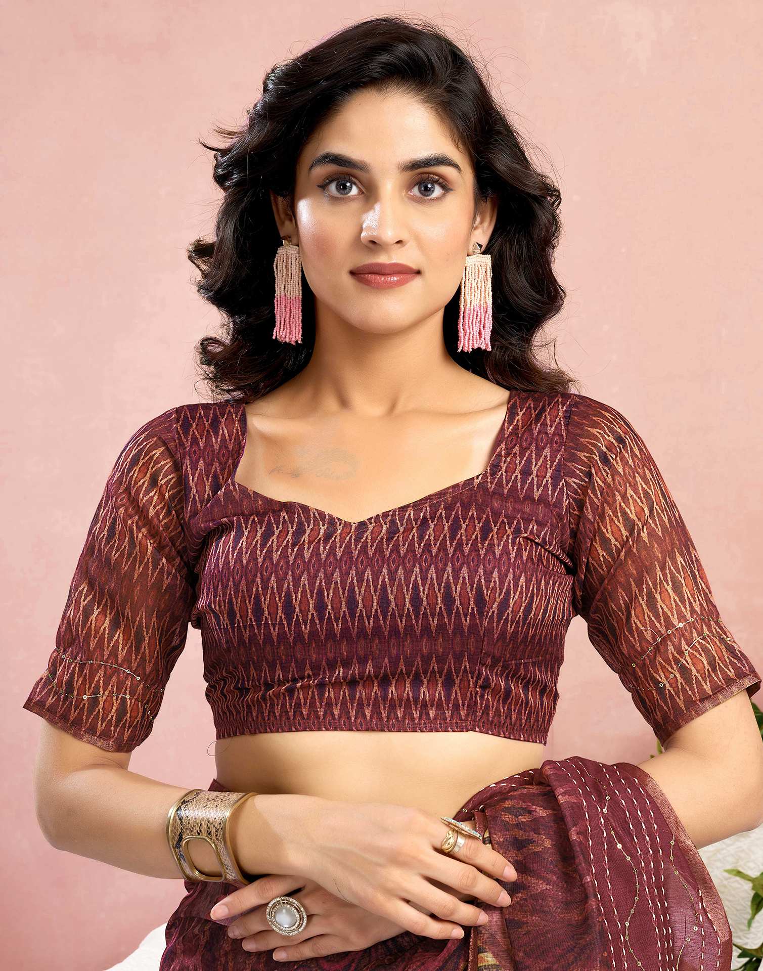 Ready To Wear Maroon Chanderi Embroidery Floral Printed Saree
