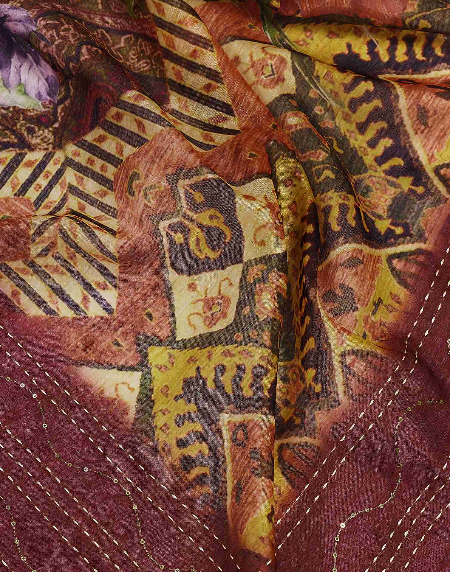 Ready To Wear Maroon Chanderi Embroidery Floral Printed Saree