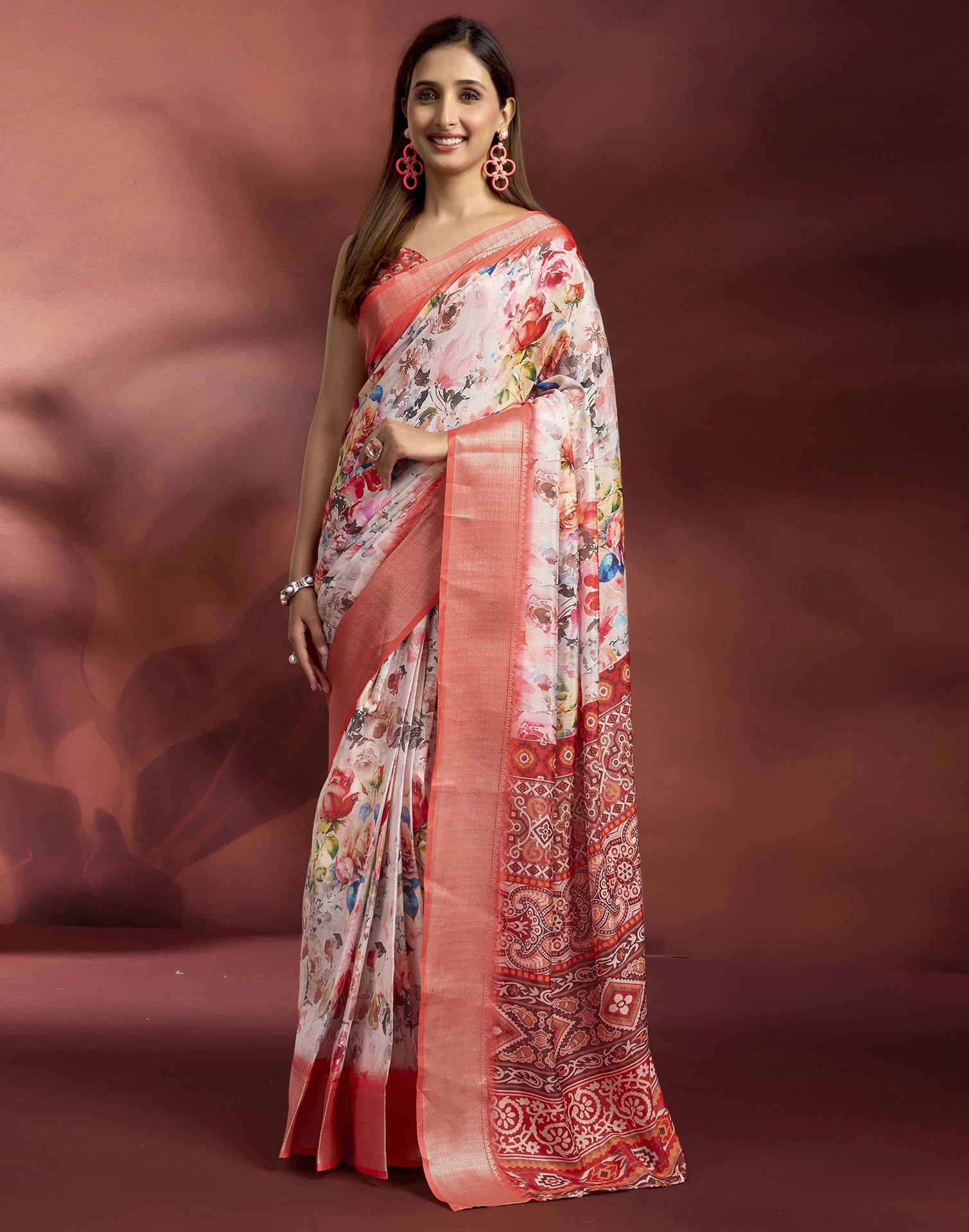Ready To Wear Off White Dola Silk Printed Saree