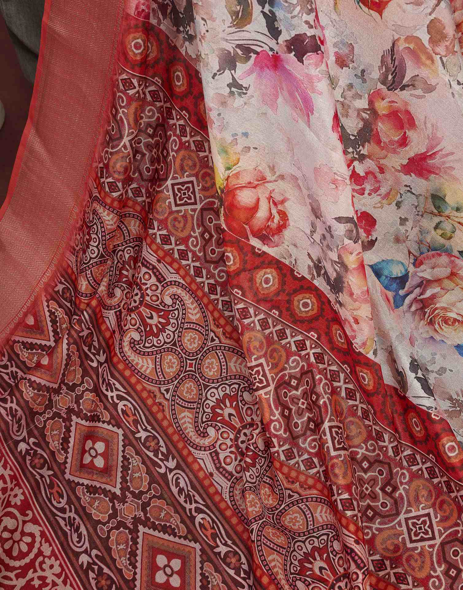 Ready To Wear Off White Dola Silk Printed Saree
