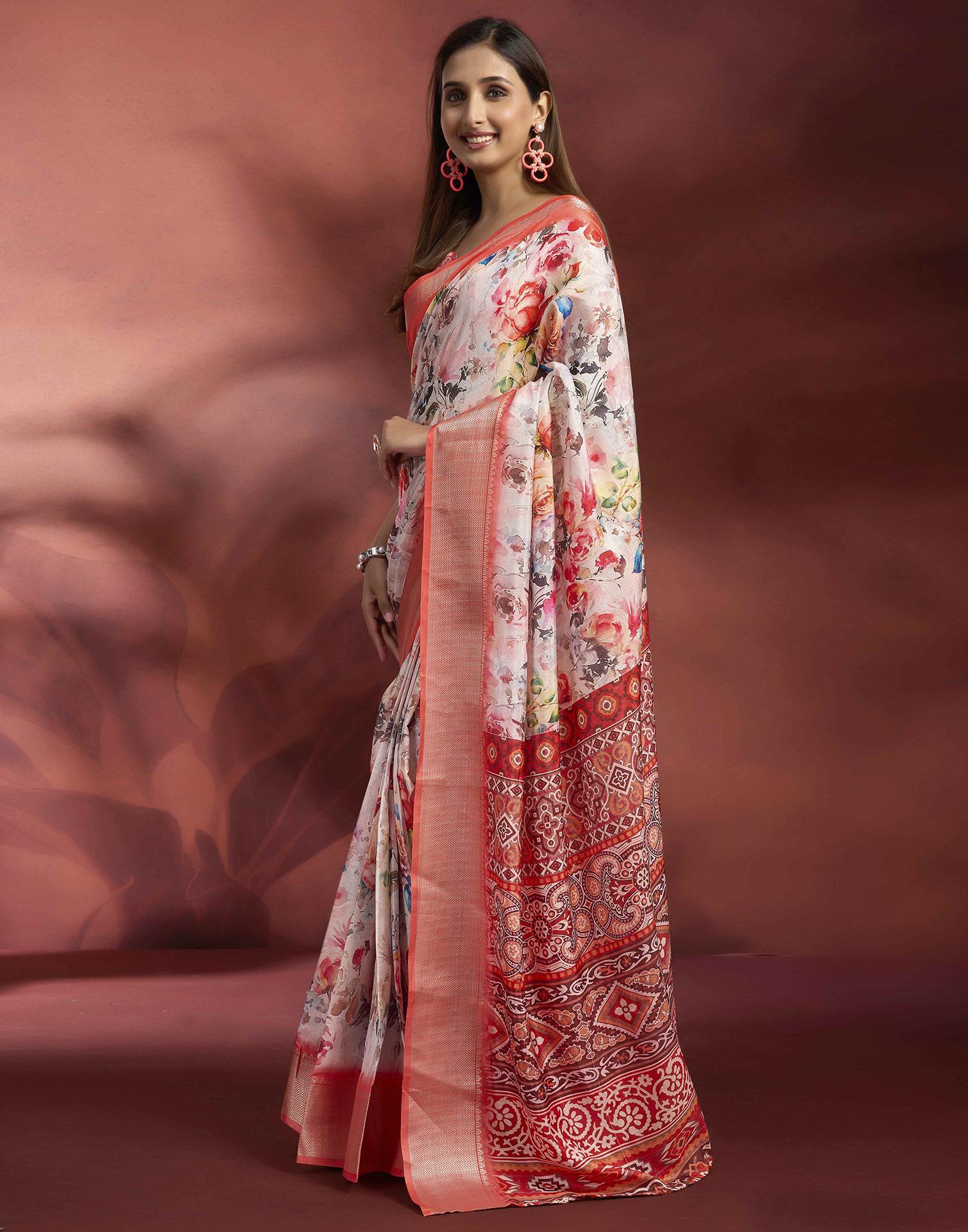 Ready To Wear Off White Dola Silk Printed Saree