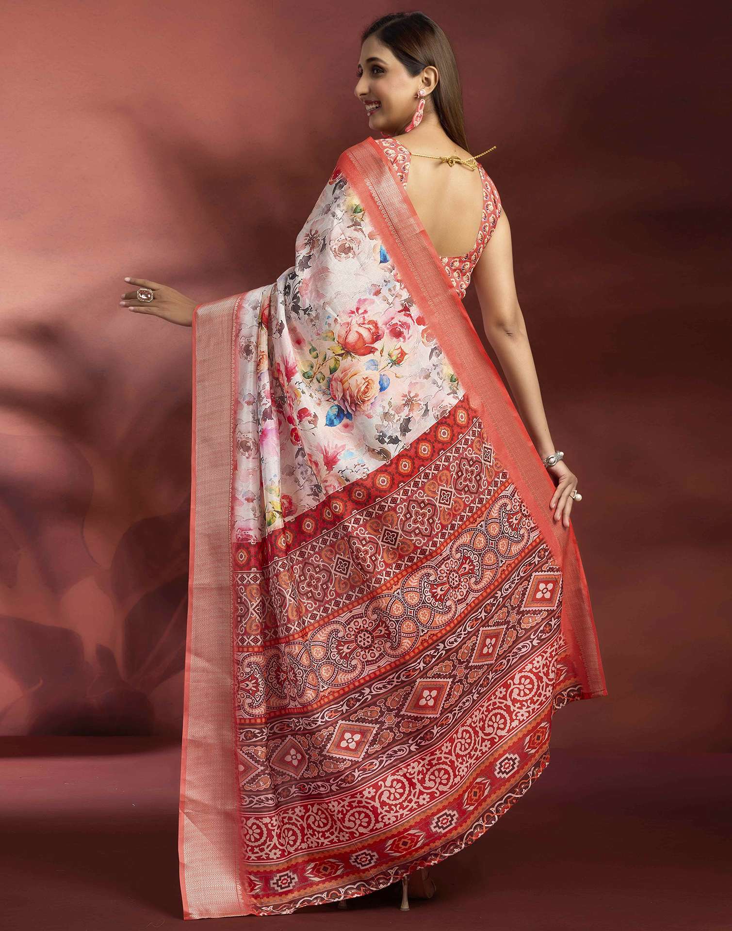 Ready To Wear Off White Dola Silk Printed Saree