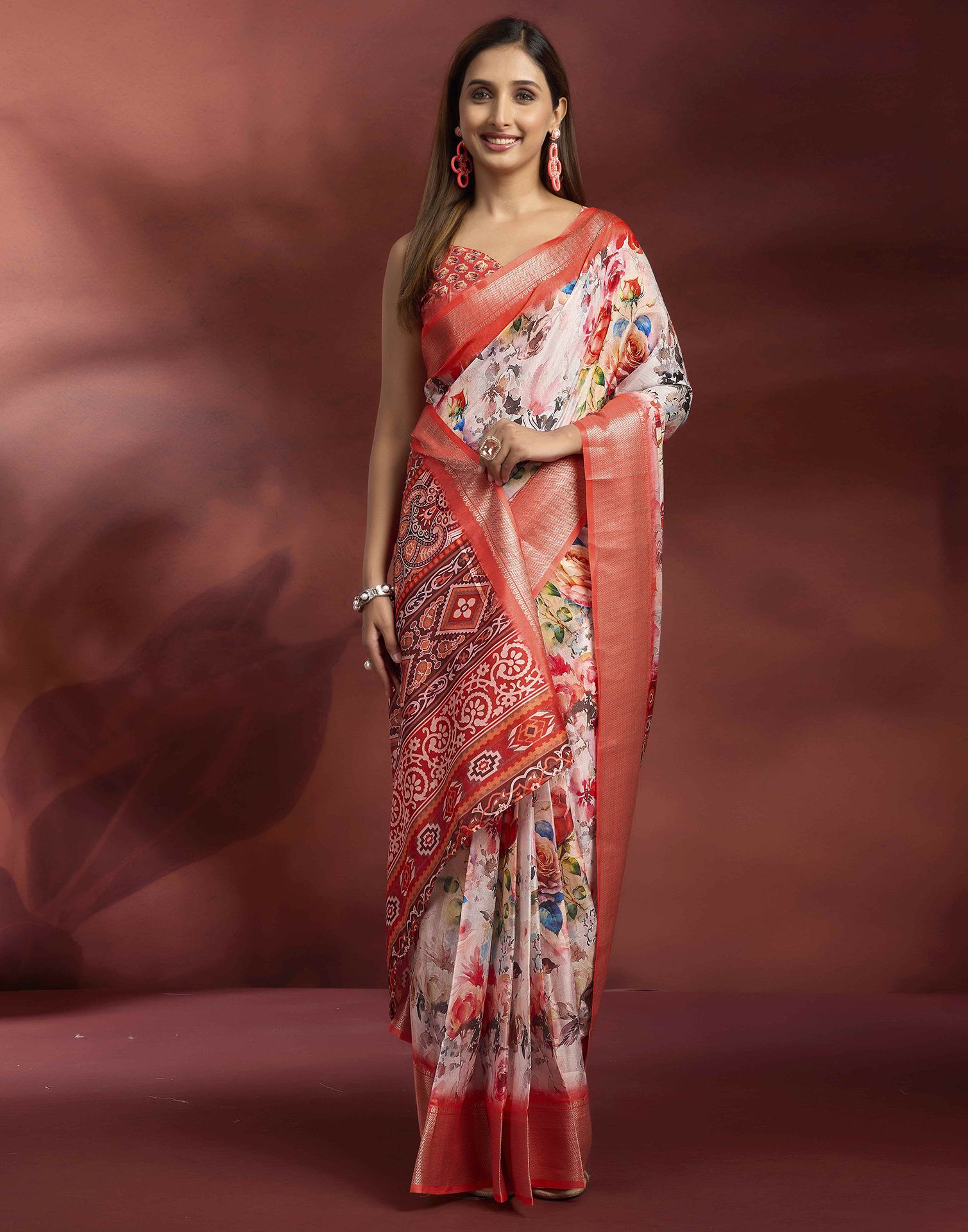 Ready To Wear Off White Dola Silk Printed Saree