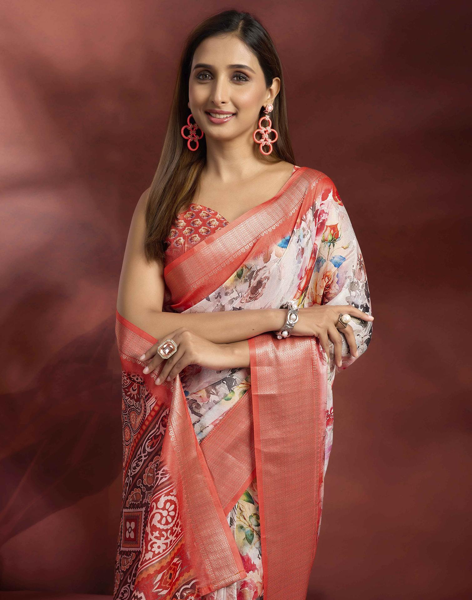 Ready To Wear Off White Dola Silk Printed Saree