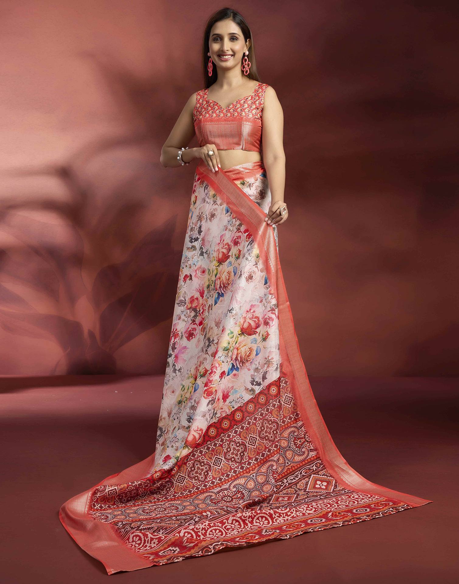 Ready To Wear Off White Dola Silk Printed Saree