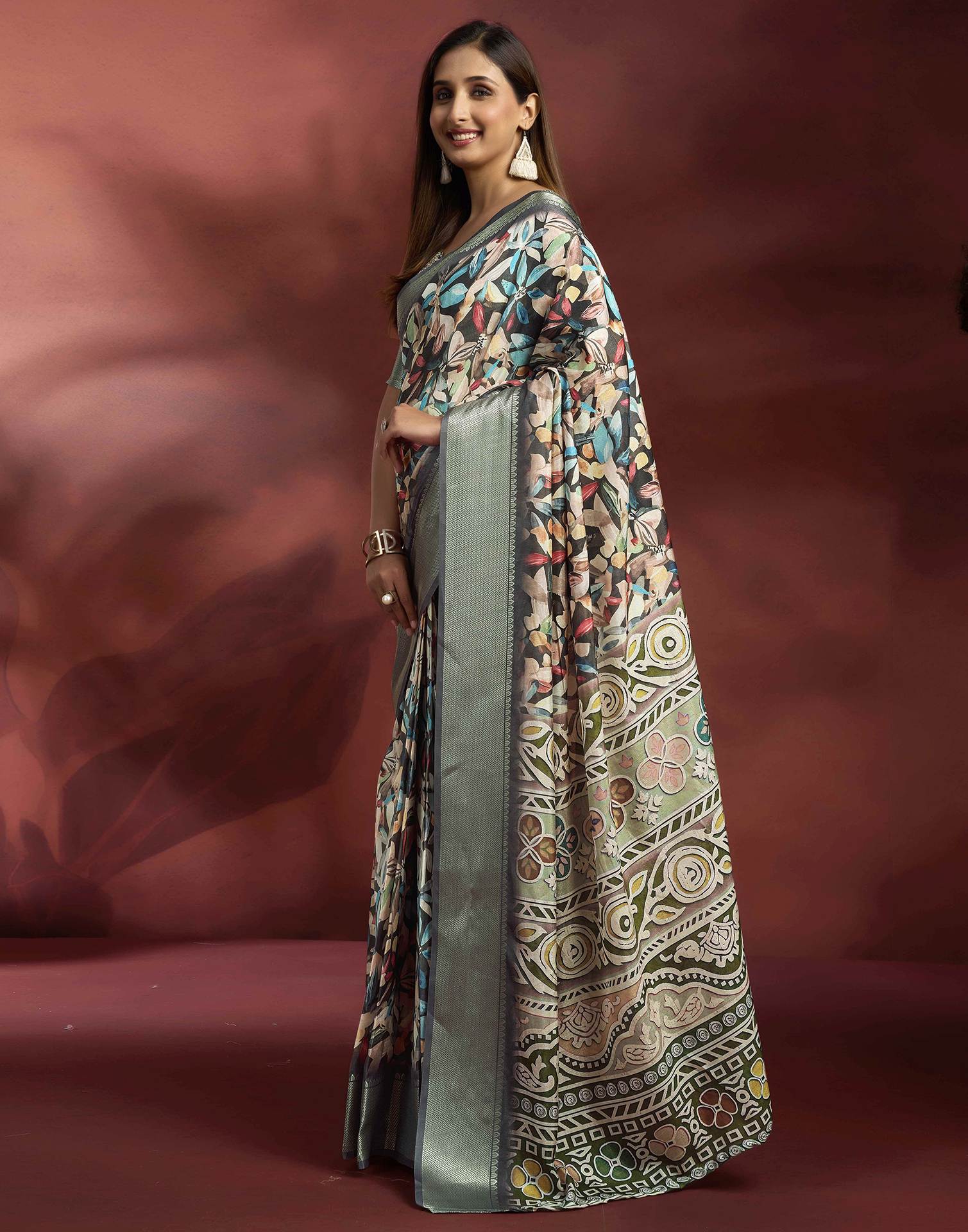 Ready To Wear Black Dola Silk Printed Saree