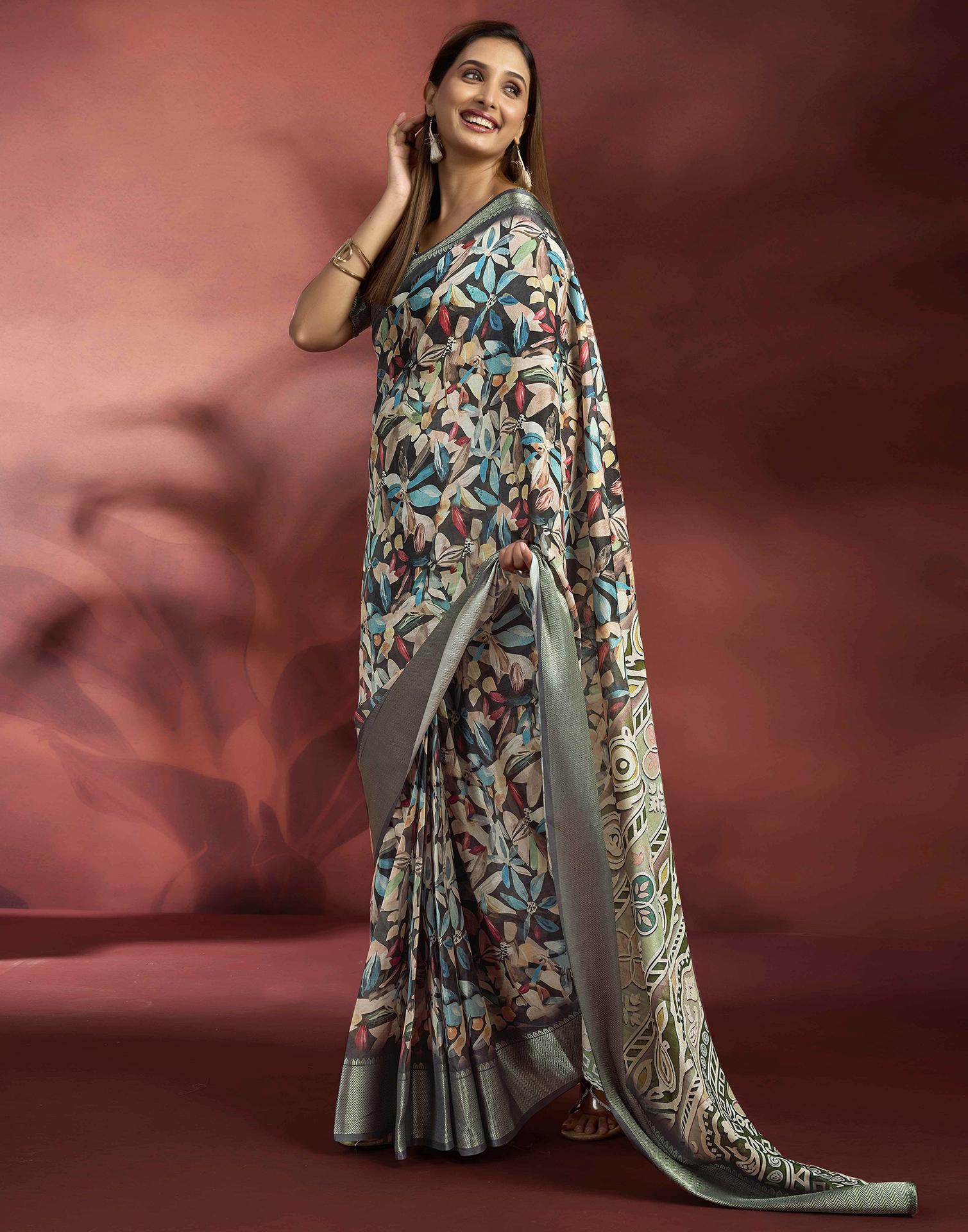 Ready To Wear Black Dola Silk Printed Saree