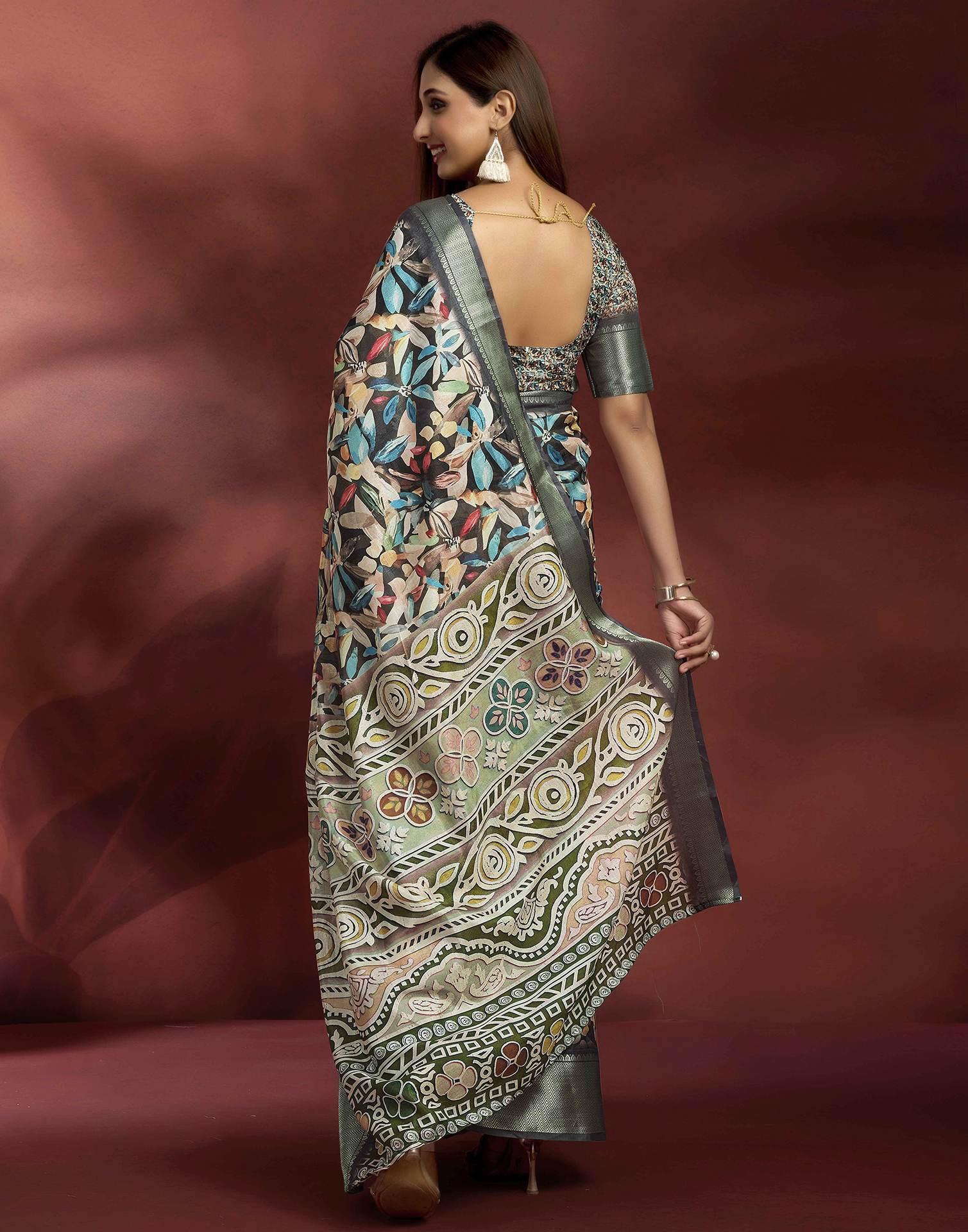 Ready To Wear Black Dola Silk Printed Saree
