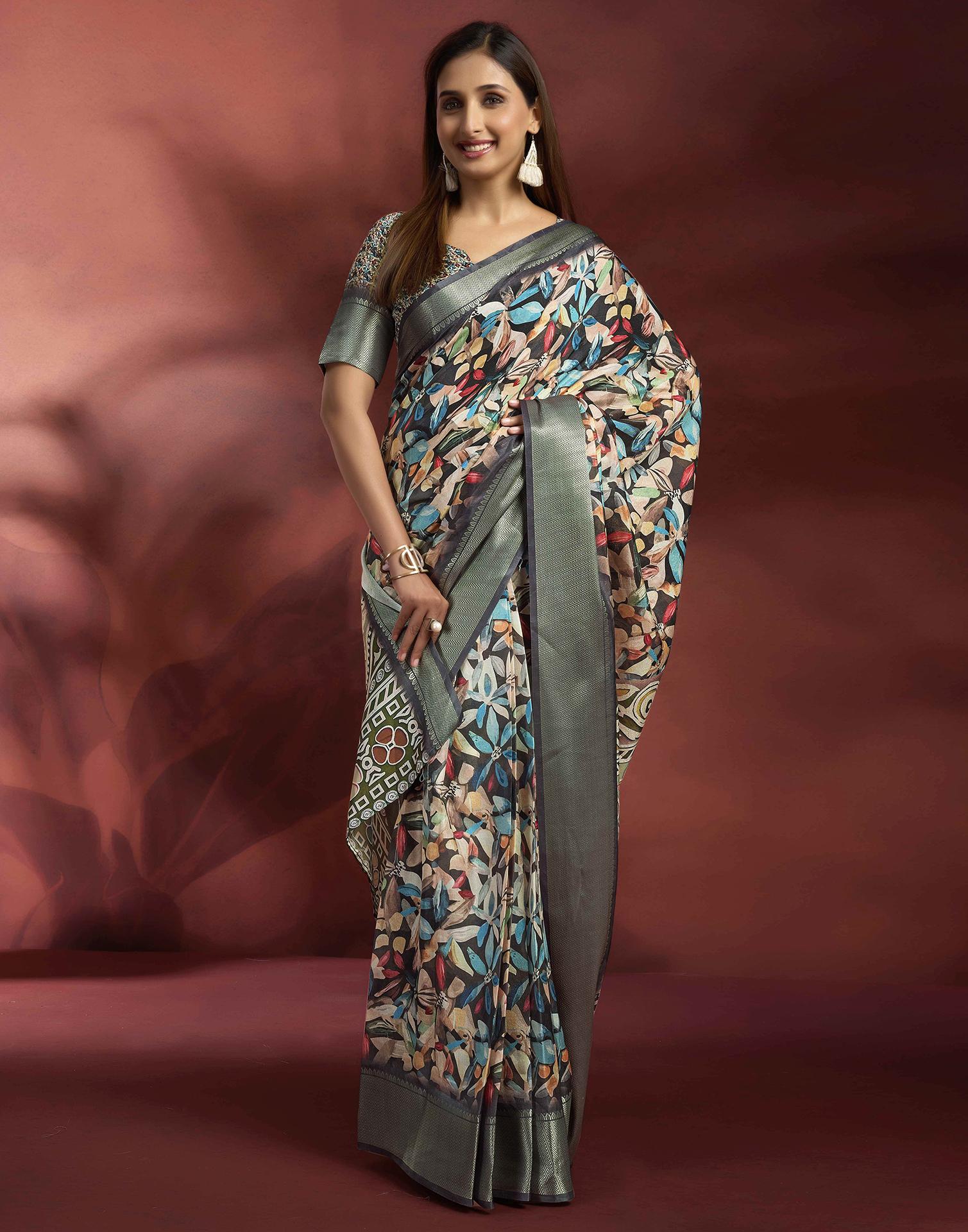 Ready To Wear Black Dola Silk Printed Saree