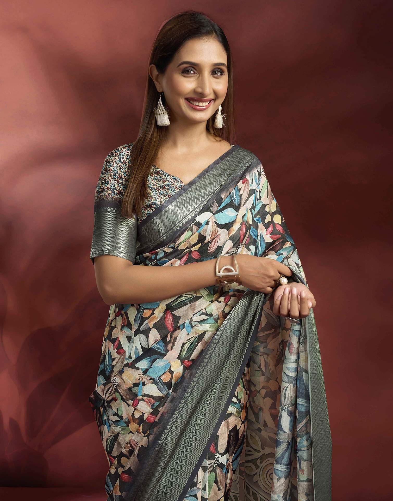 Ready To Wear Black Dola Silk Printed Saree