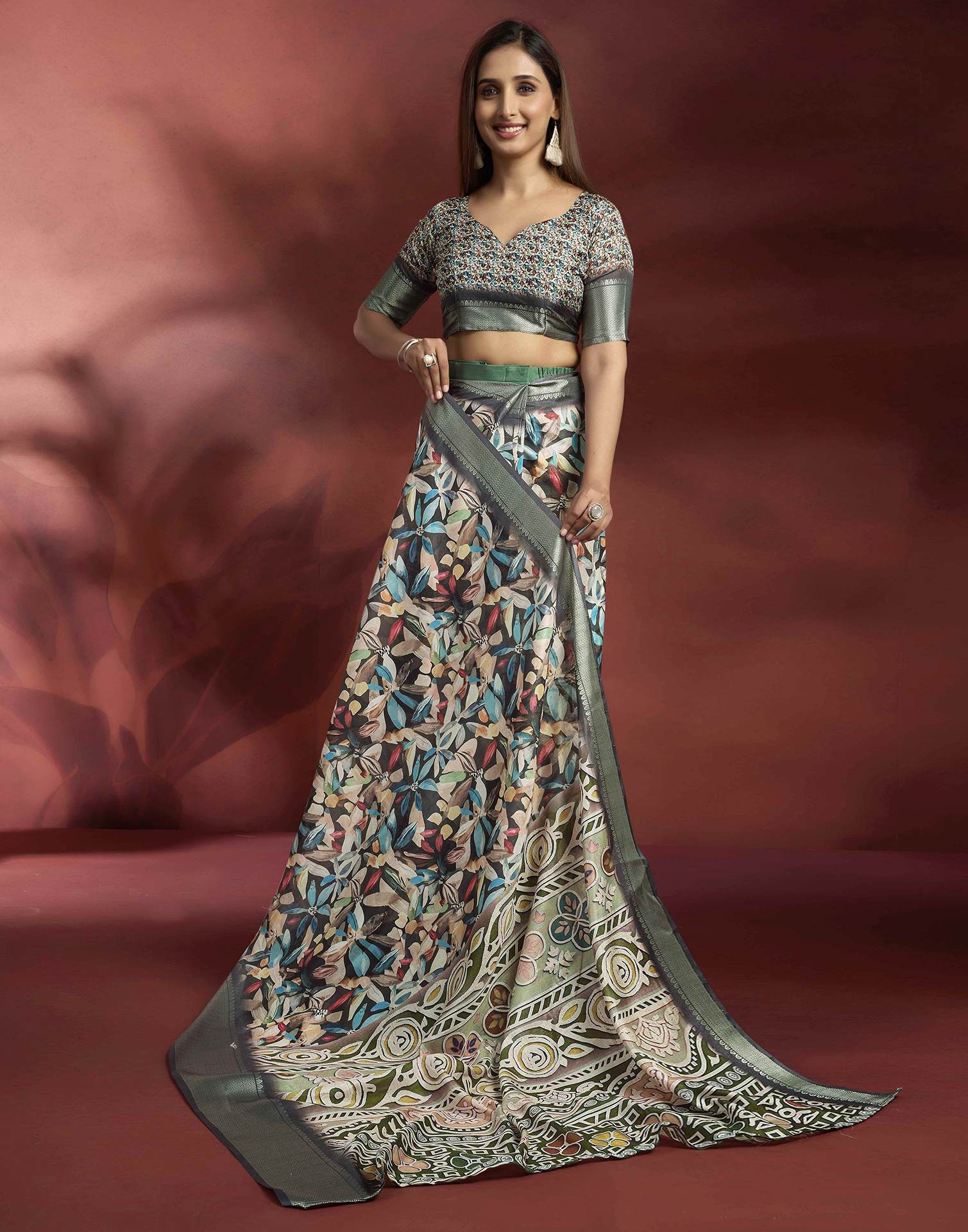 Ready To Wear Black Dola Silk Printed Saree