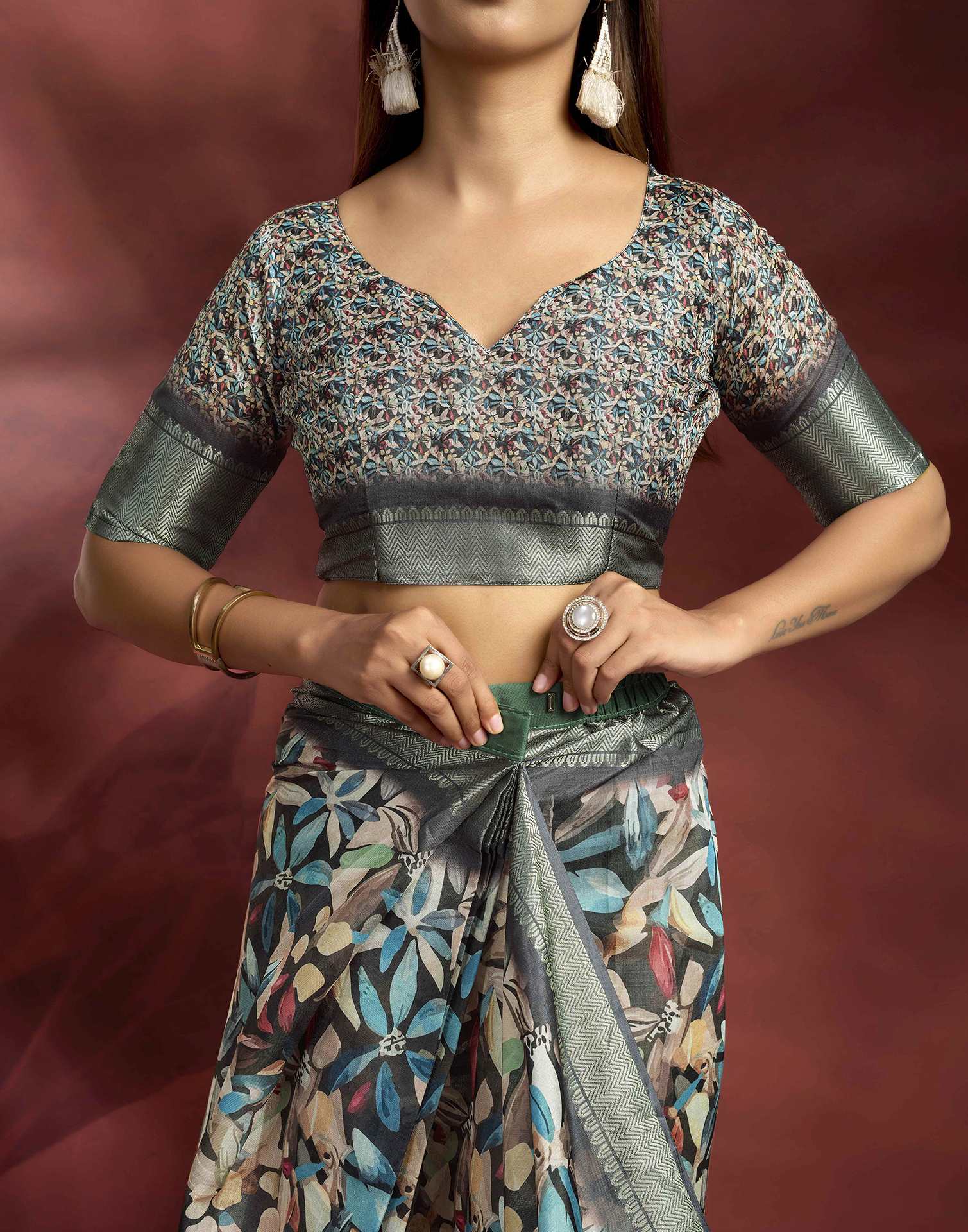 Ready To Wear Black Dola Silk Printed Saree