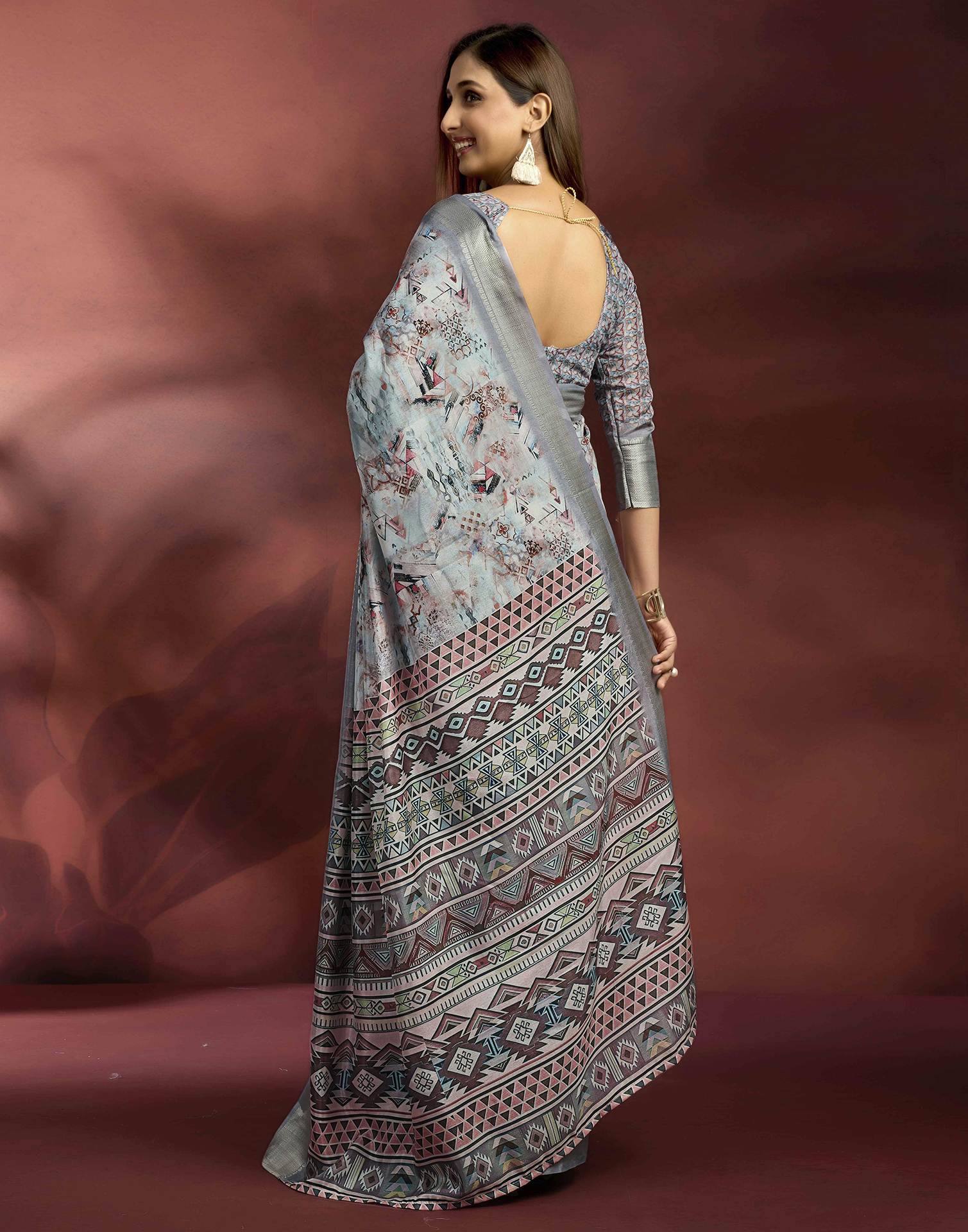 Ready To Wear Grey Dola Silk Printed Saree