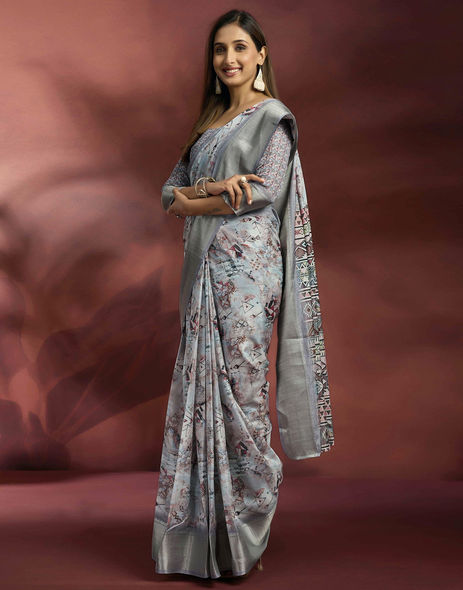 Ready To Wear Grey Dola Silk Printed Saree