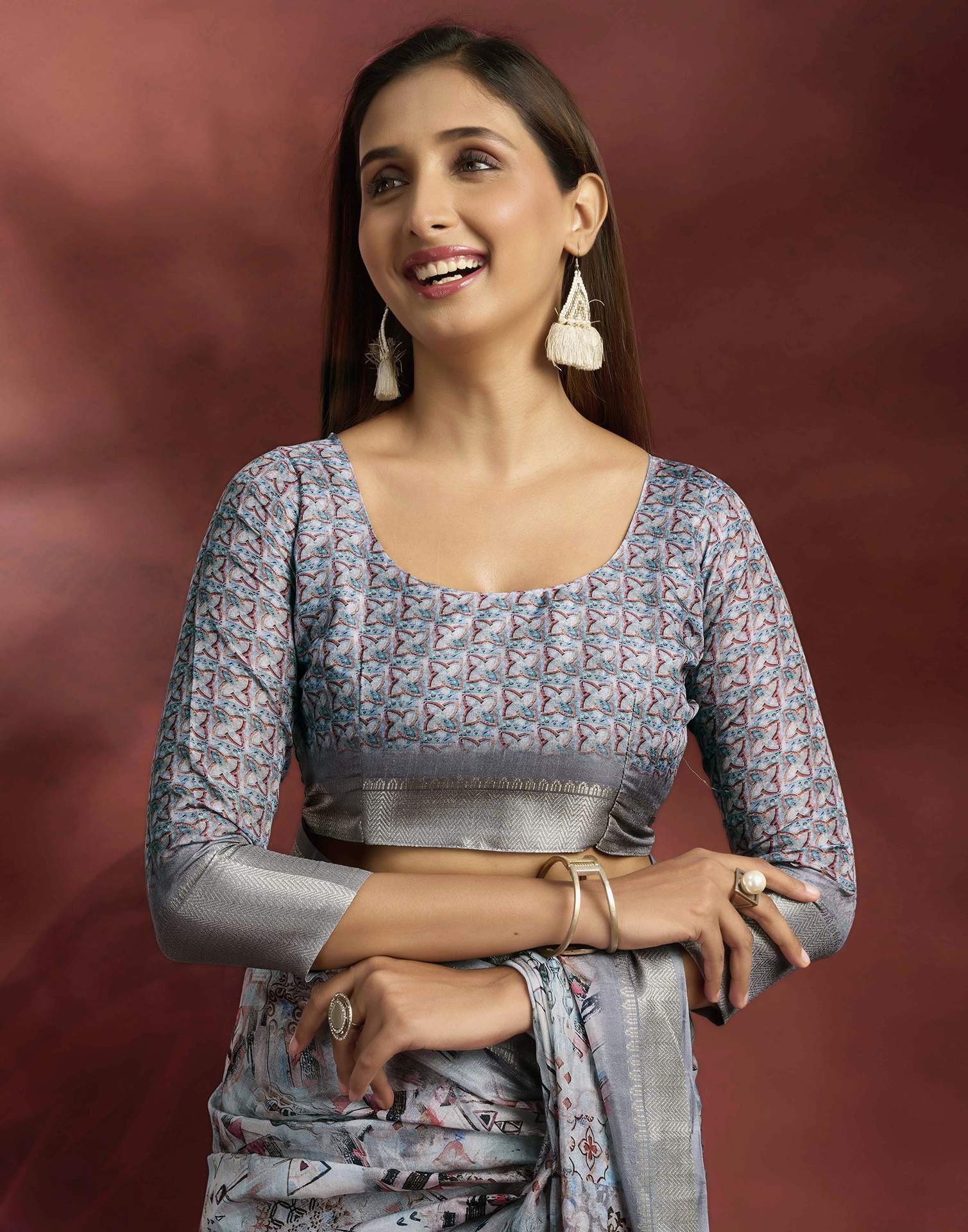 Ready To Wear Grey Dola Silk Printed Saree