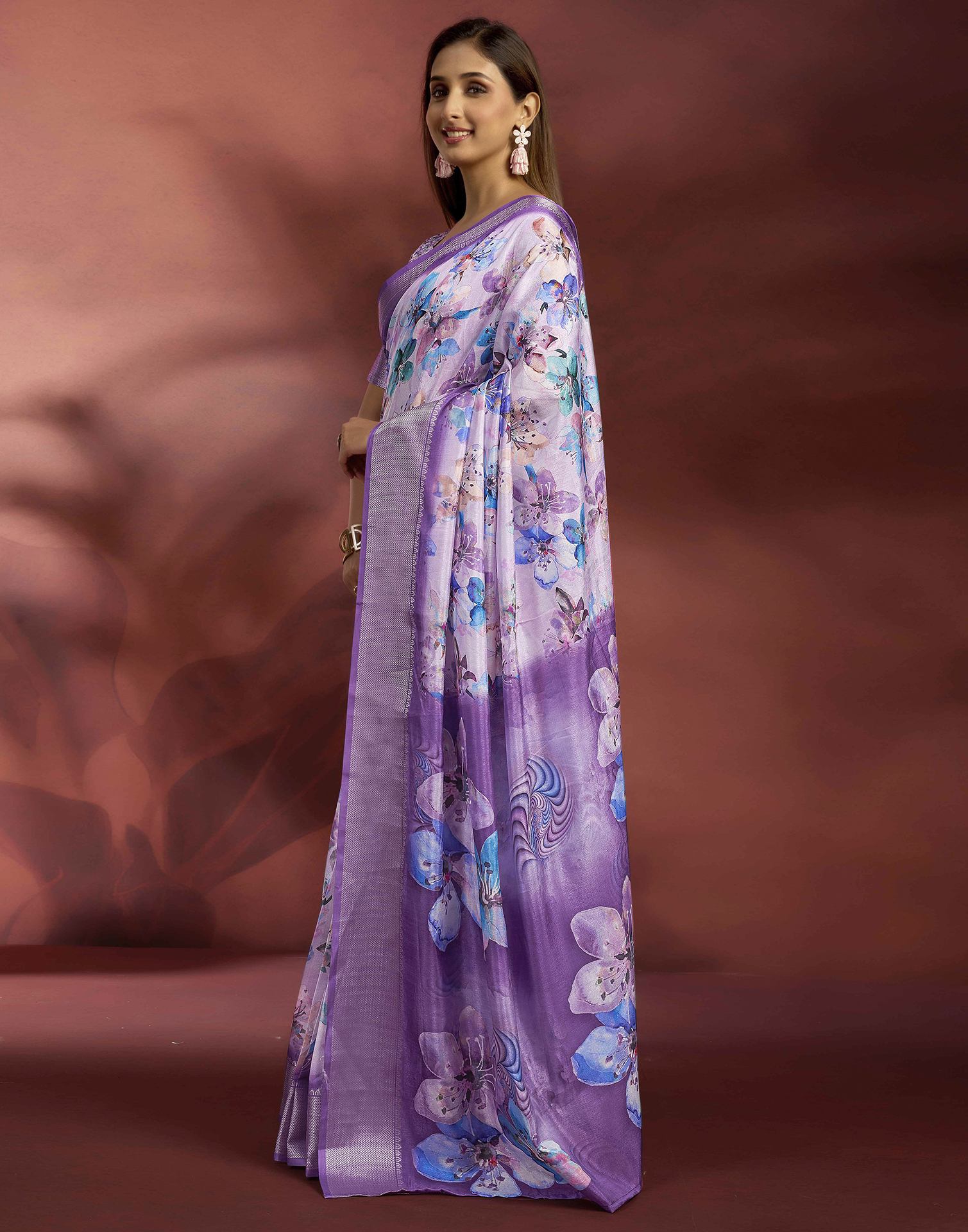 Ready To Wear Violet Dola Silk Printed Saree