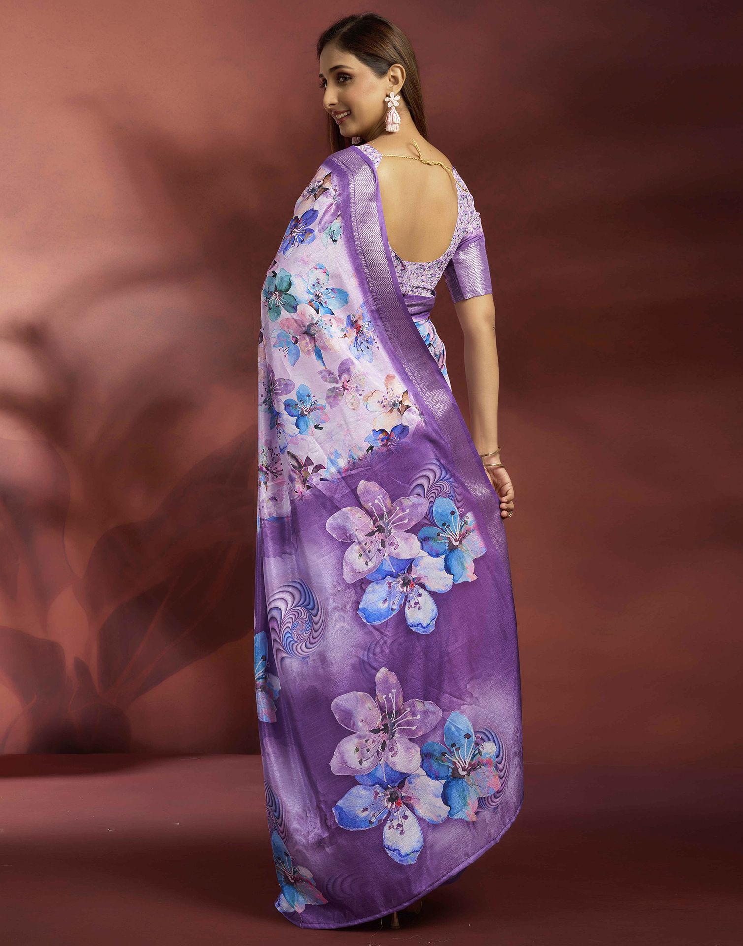Ready To Wear Violet Dola Silk Printed Saree