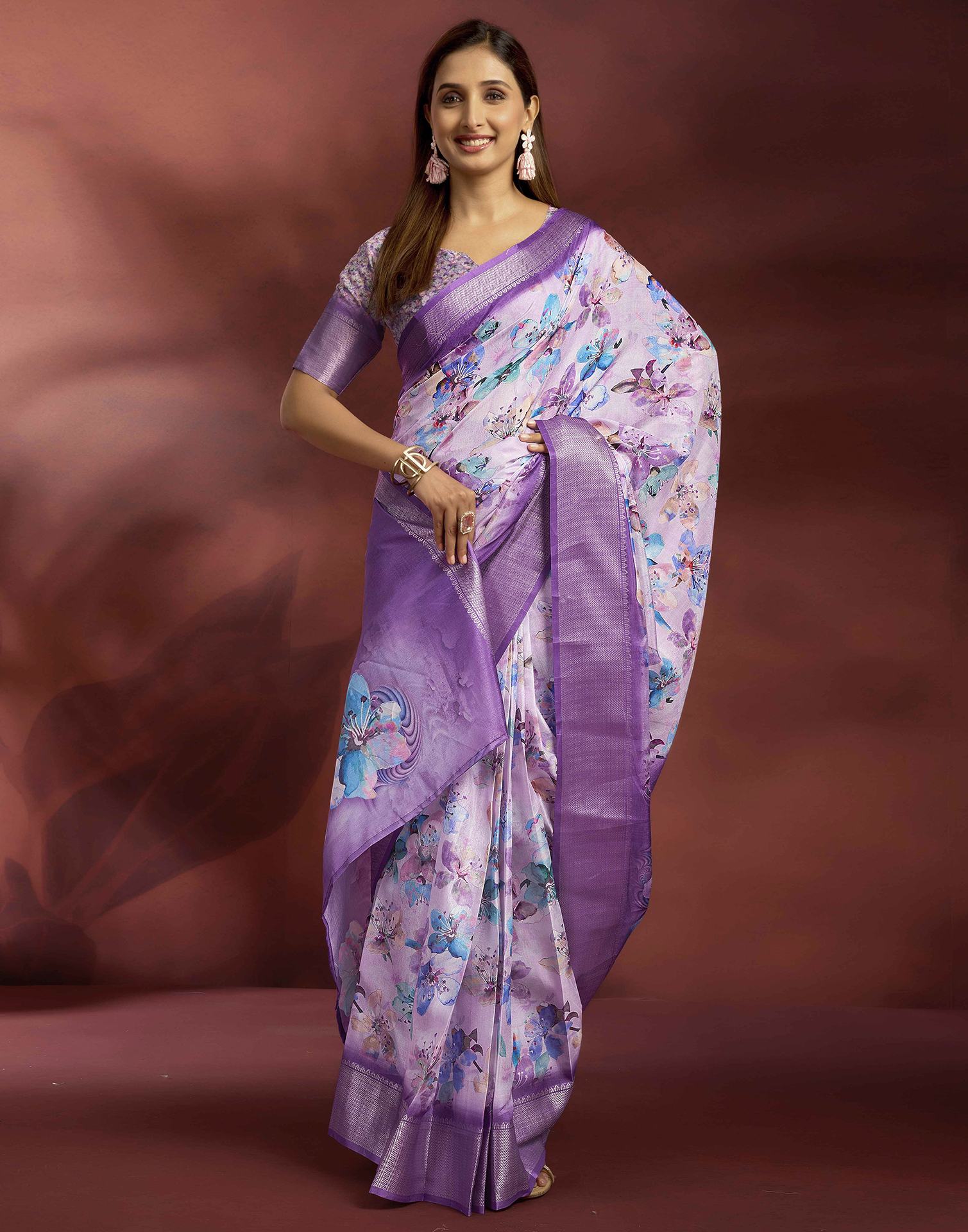 Ready To Wear Violet Dola Silk Printed Saree