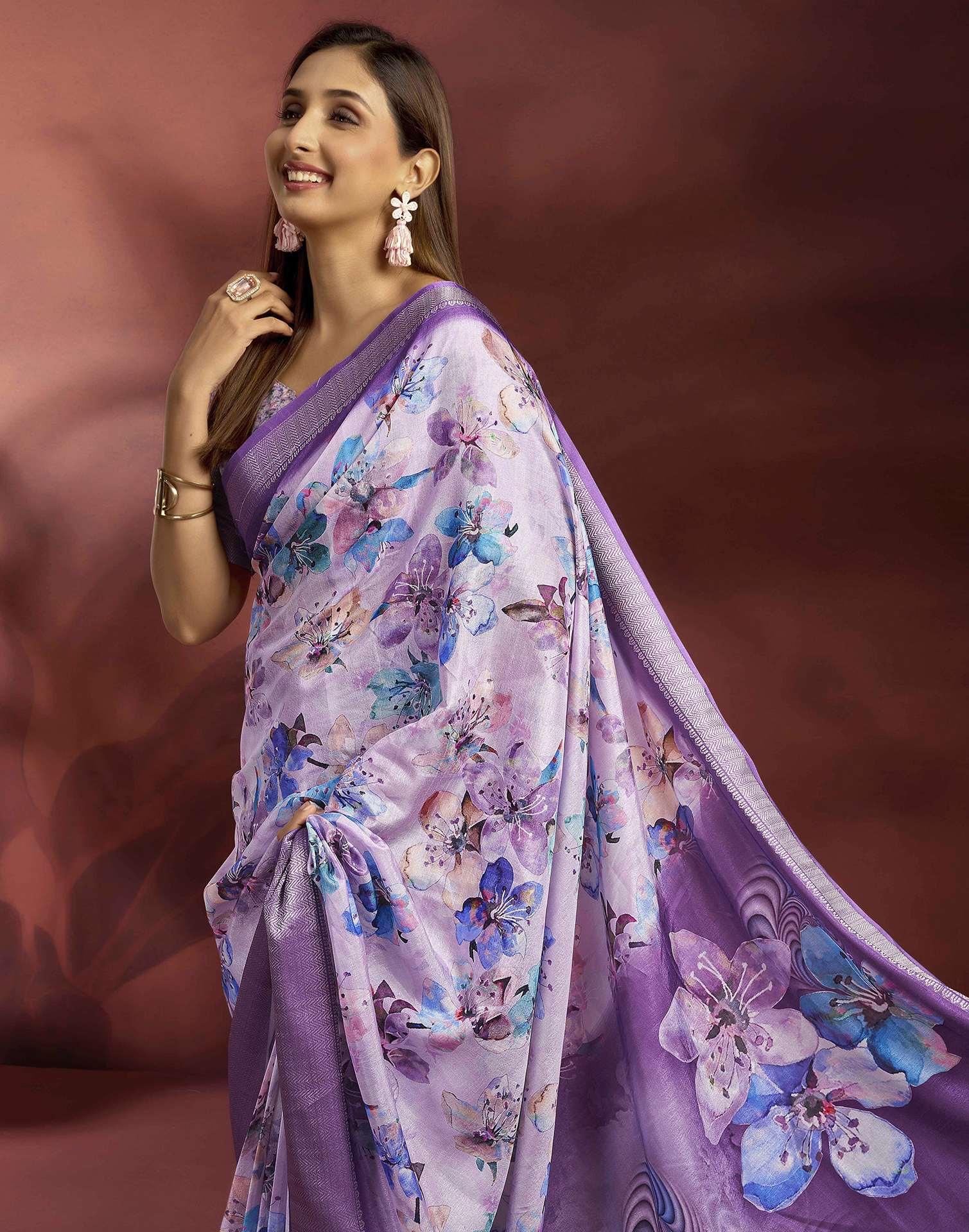 Ready To Wear Violet Dola Silk Printed Saree