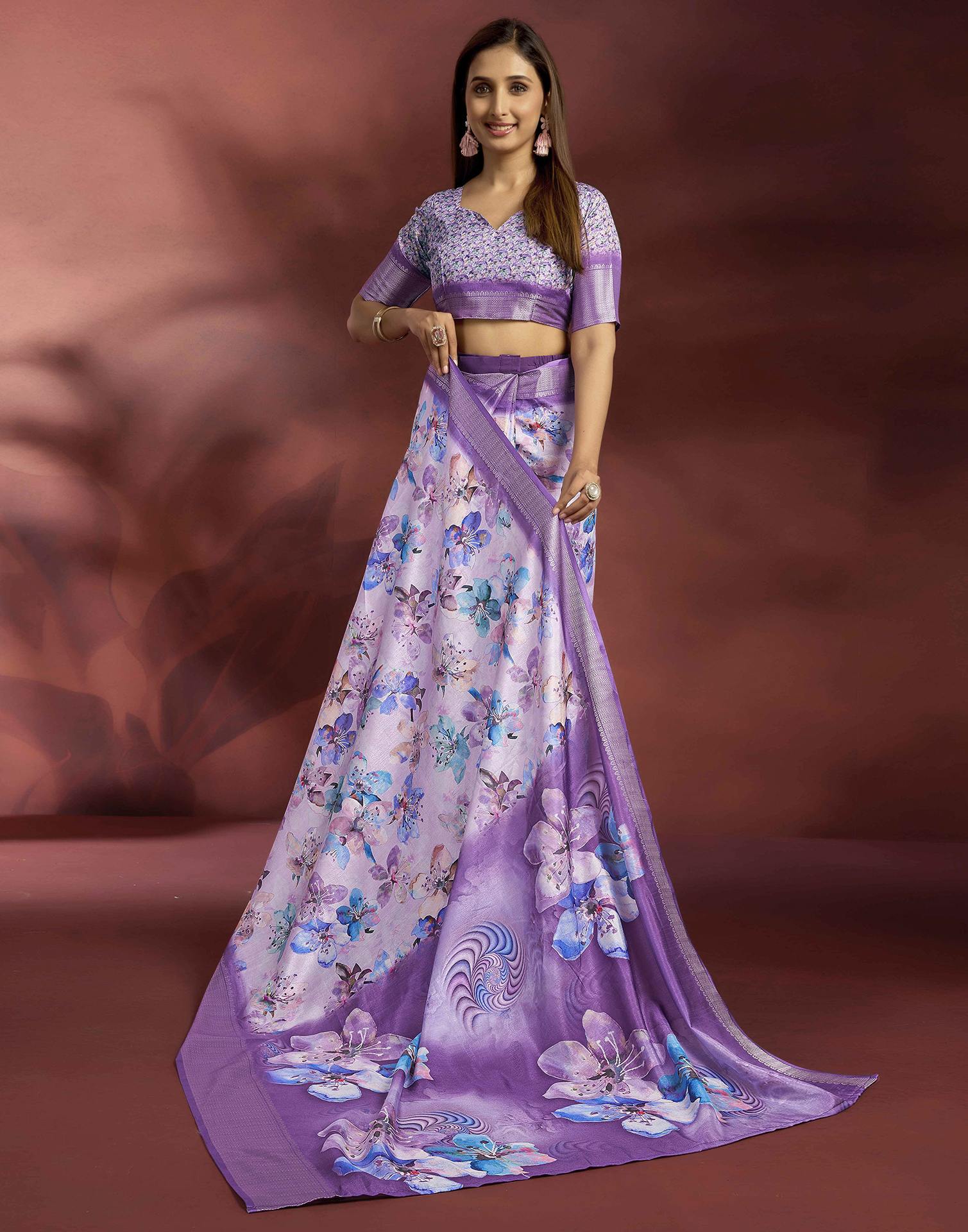 Ready To Wear Violet Dola Silk Printed Saree