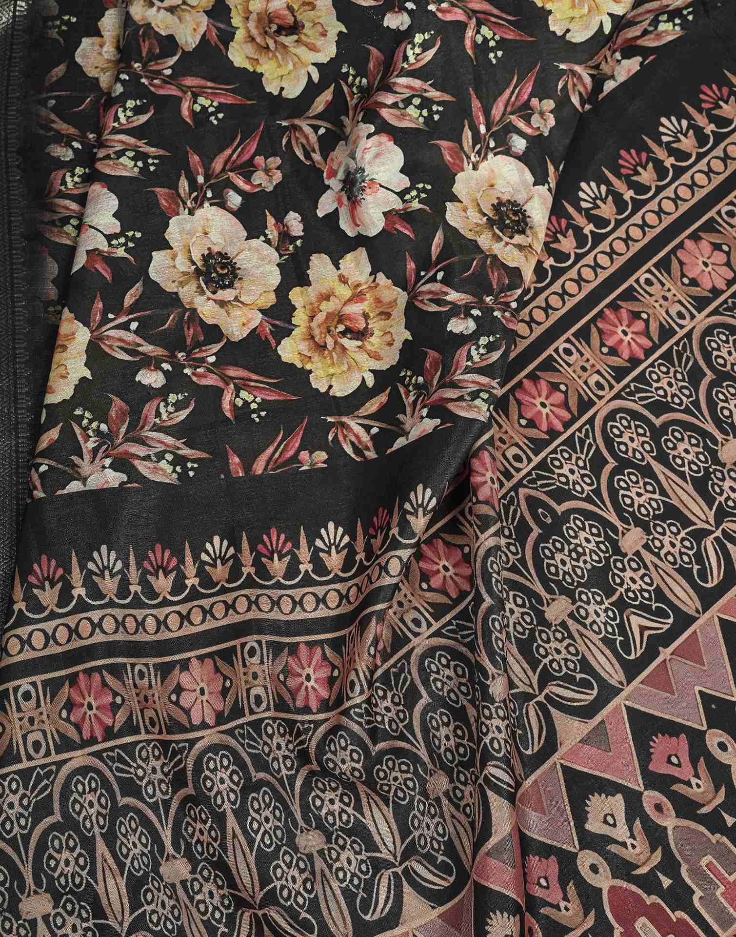 Ready To Wear Black Dola Silk Printed Saree