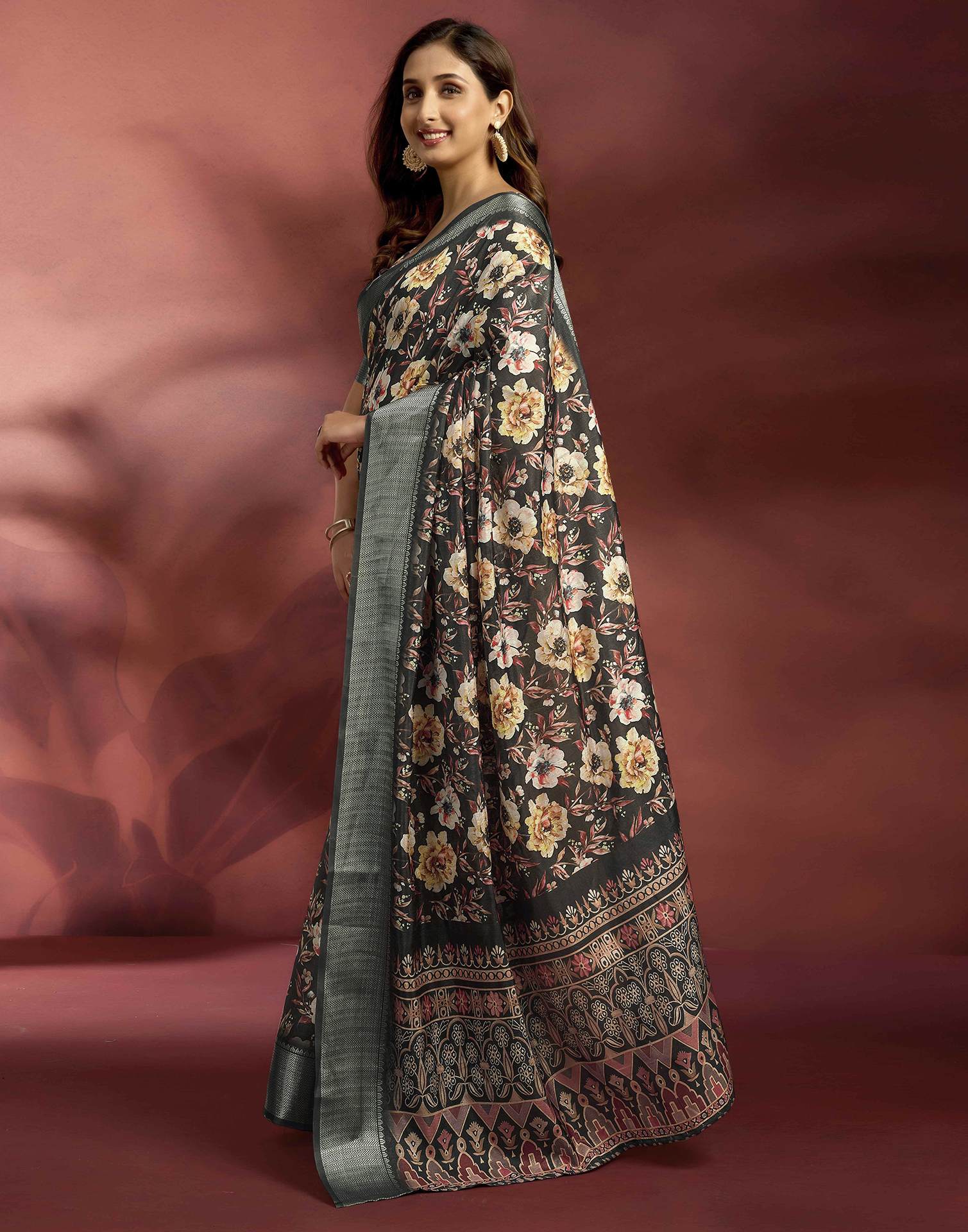 Ready To Wear Black Dola Silk Printed Saree