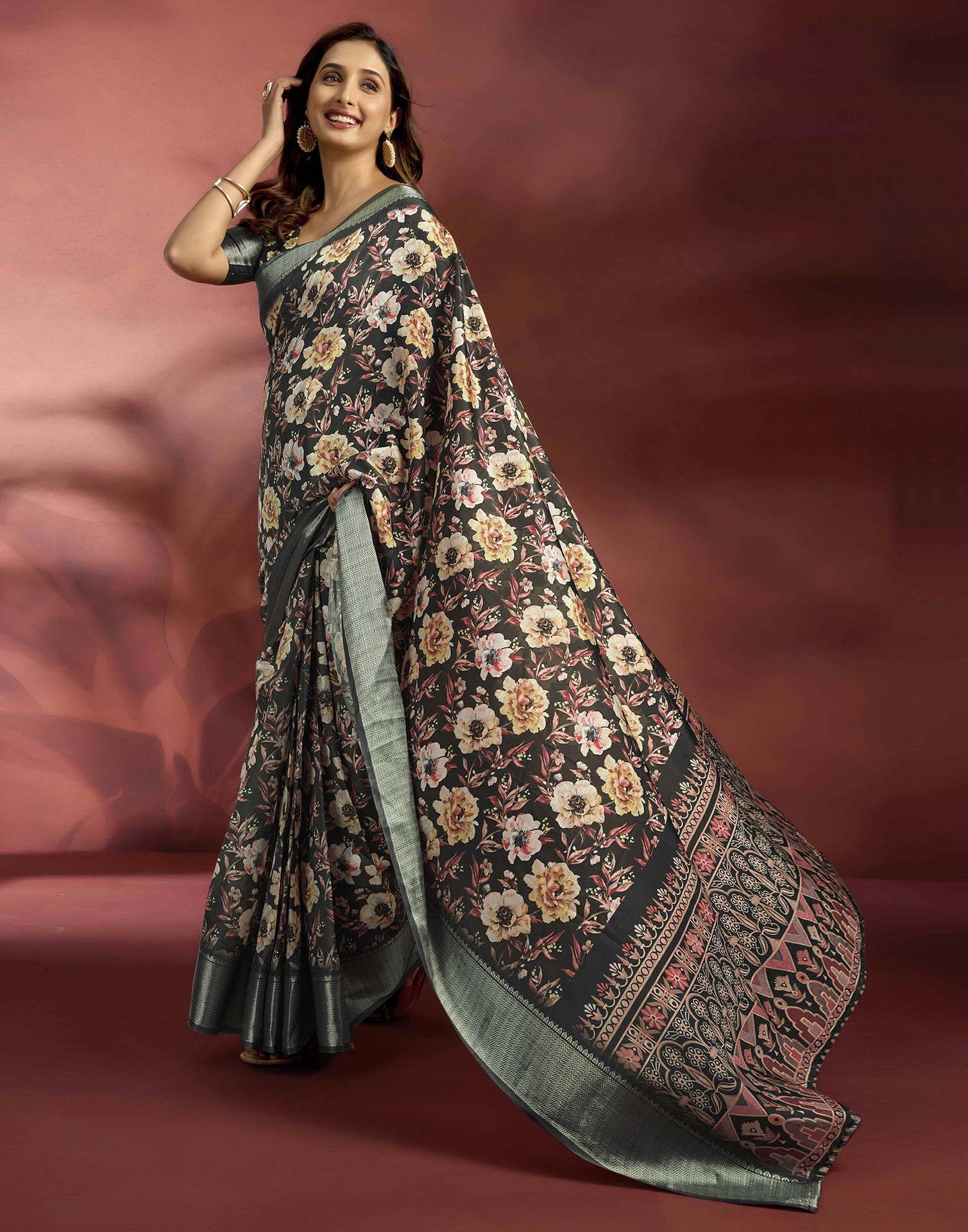 Ready To Wear Black Dola Silk Printed Saree