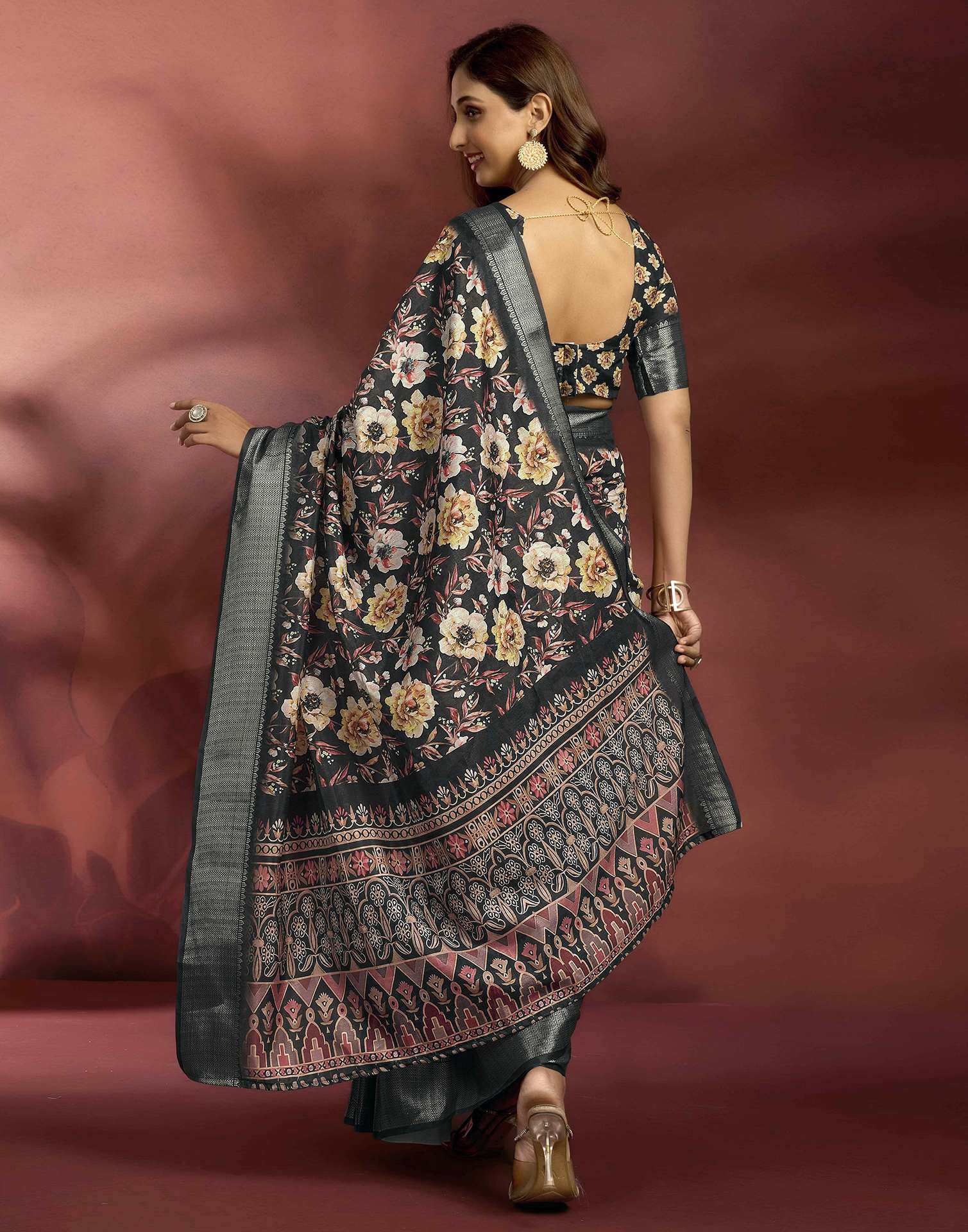 Ready To Wear Black Dola Silk Printed Saree