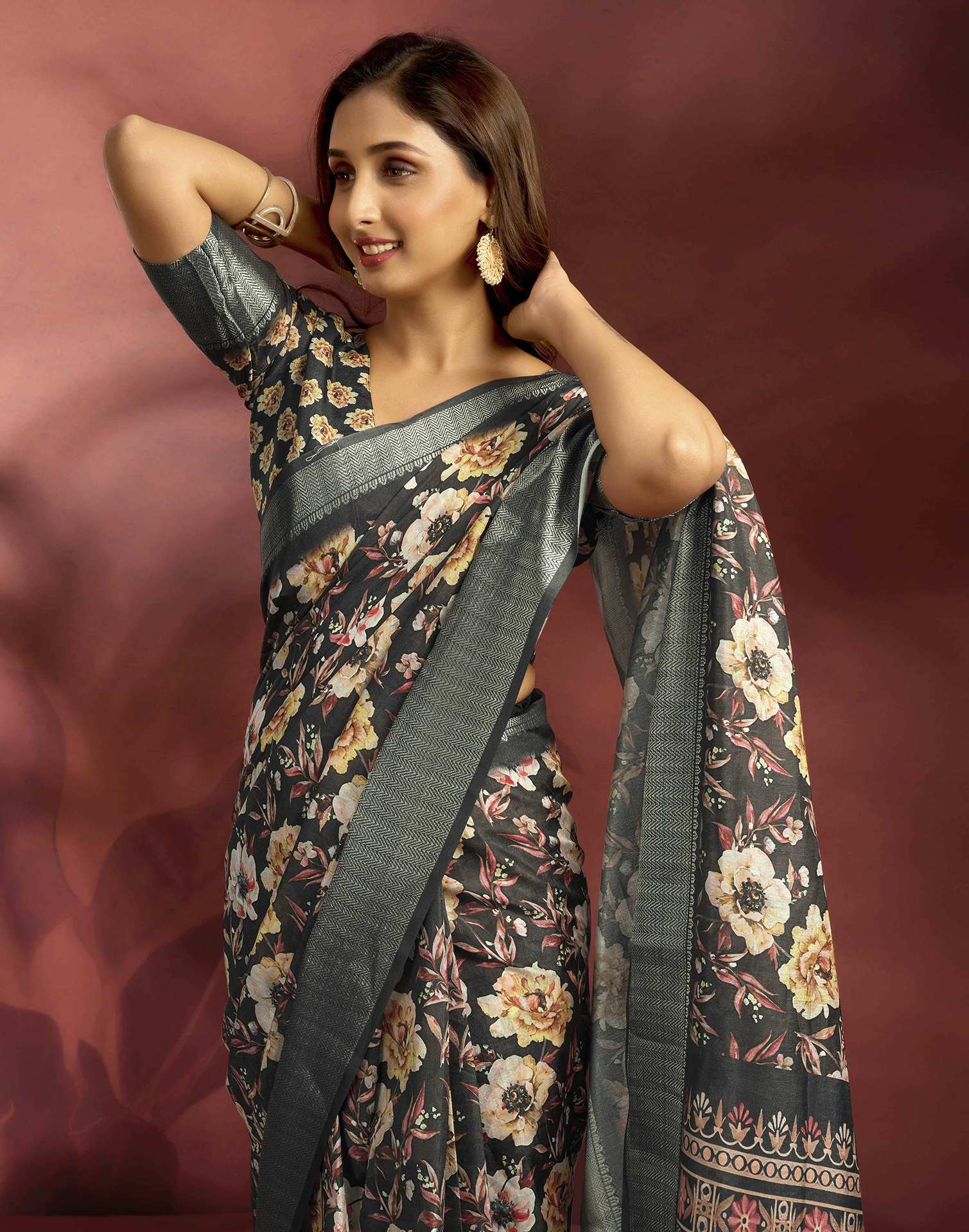 Ready To Wear Black Dola Silk Printed Saree