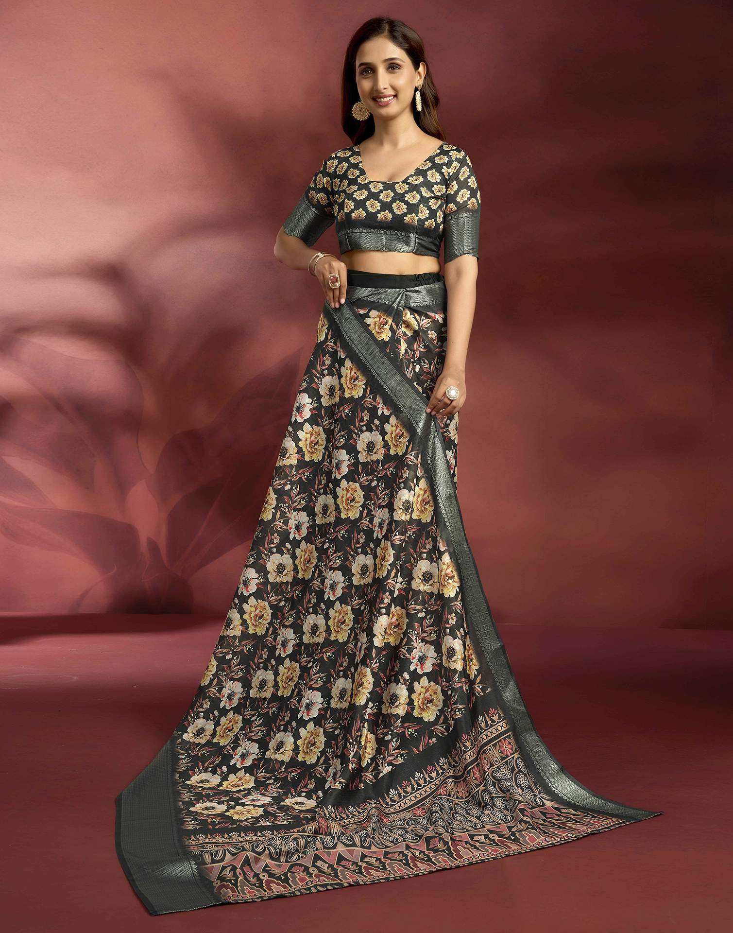 Ready To Wear Black Dola Silk Printed Saree