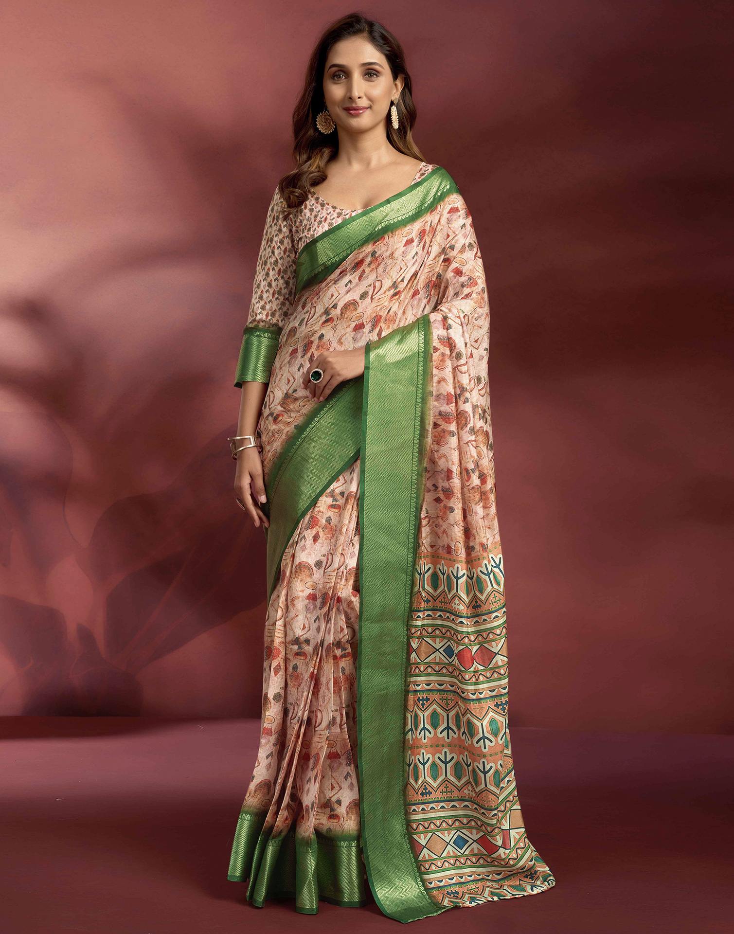 Ready To Wear Rose Pink Dola Silk Printed Saree