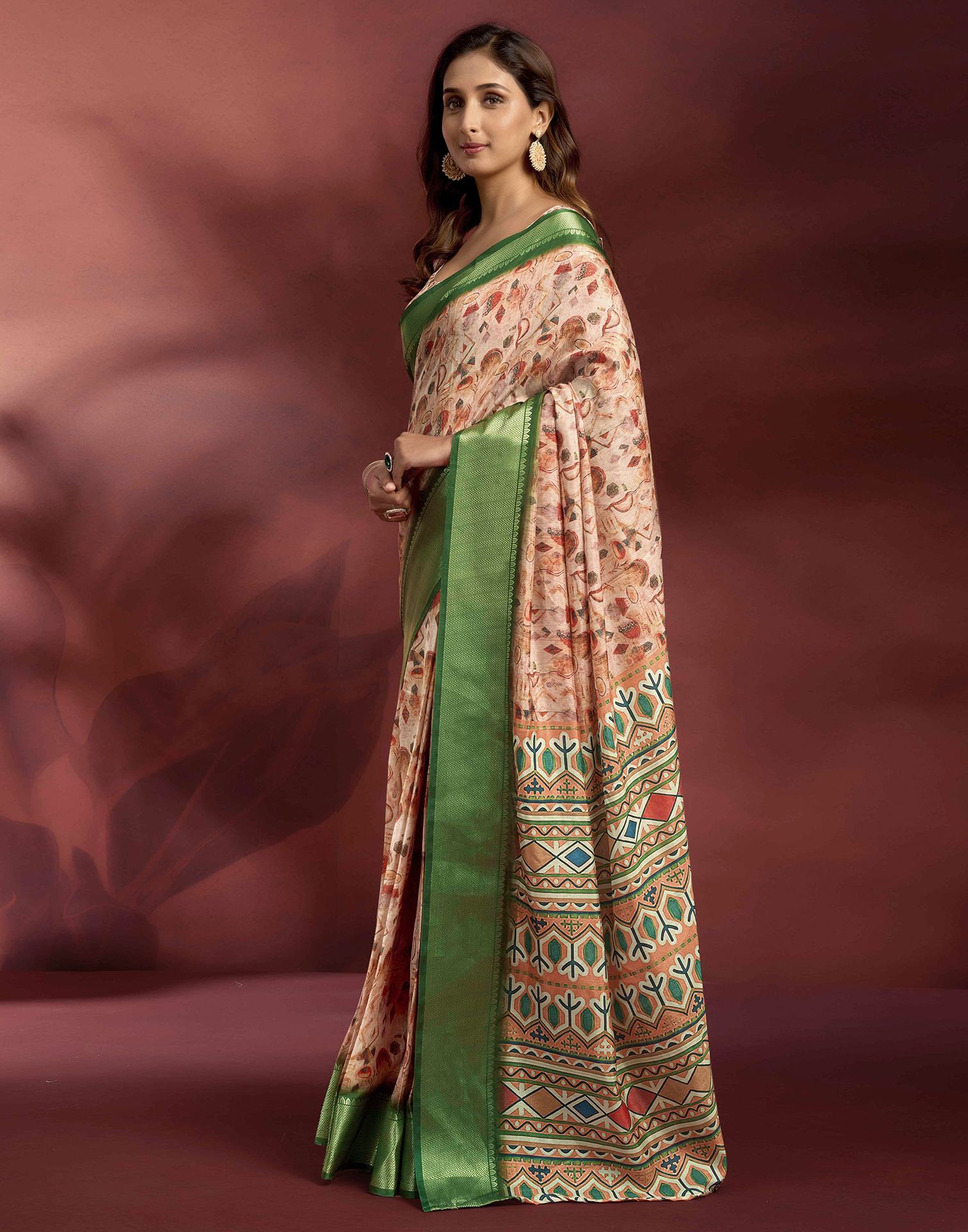 Ready To Wear Rose Pink Dola Silk Printed Saree